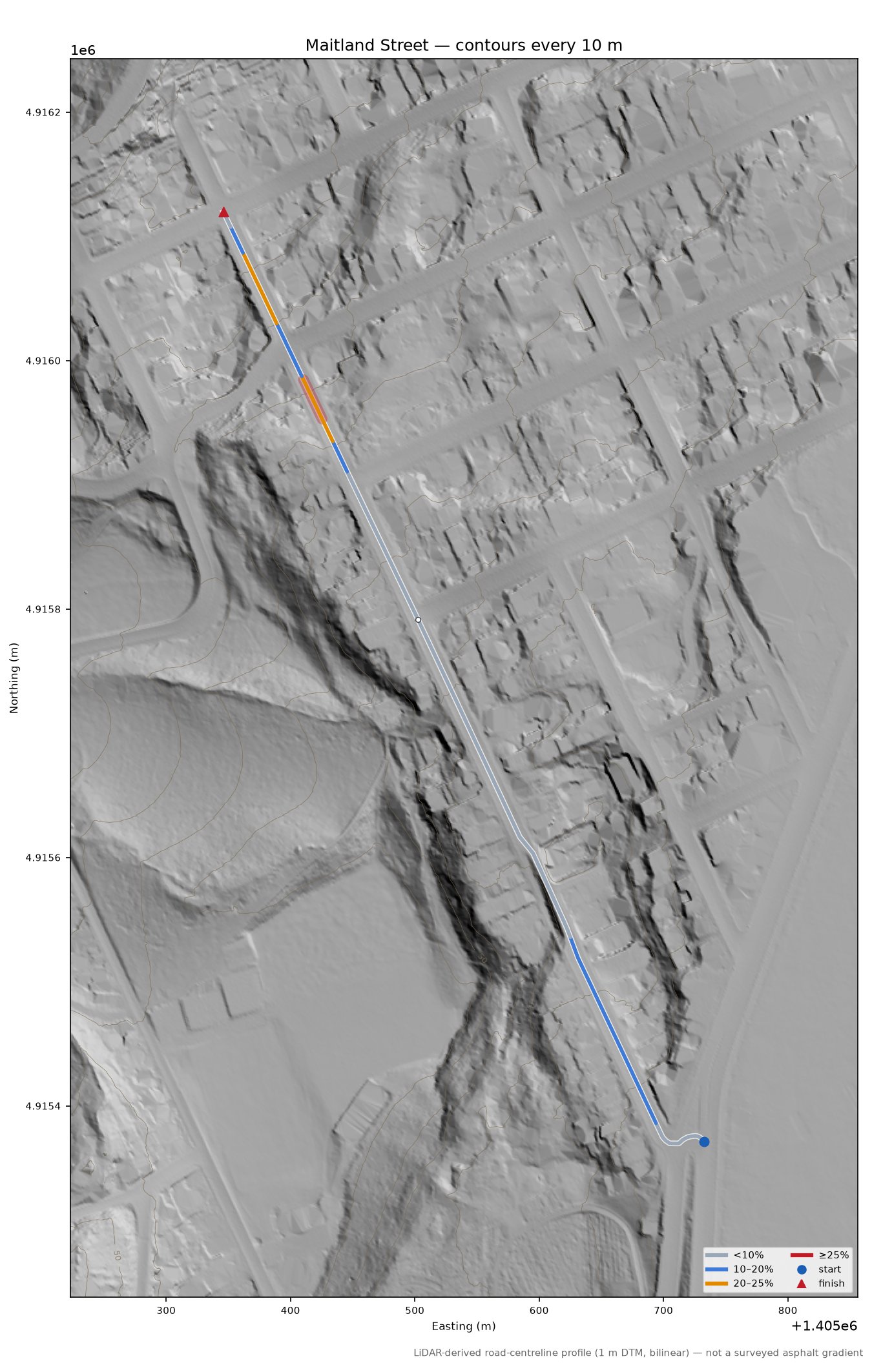 Maitland Street LiDAR hillshade map with contours