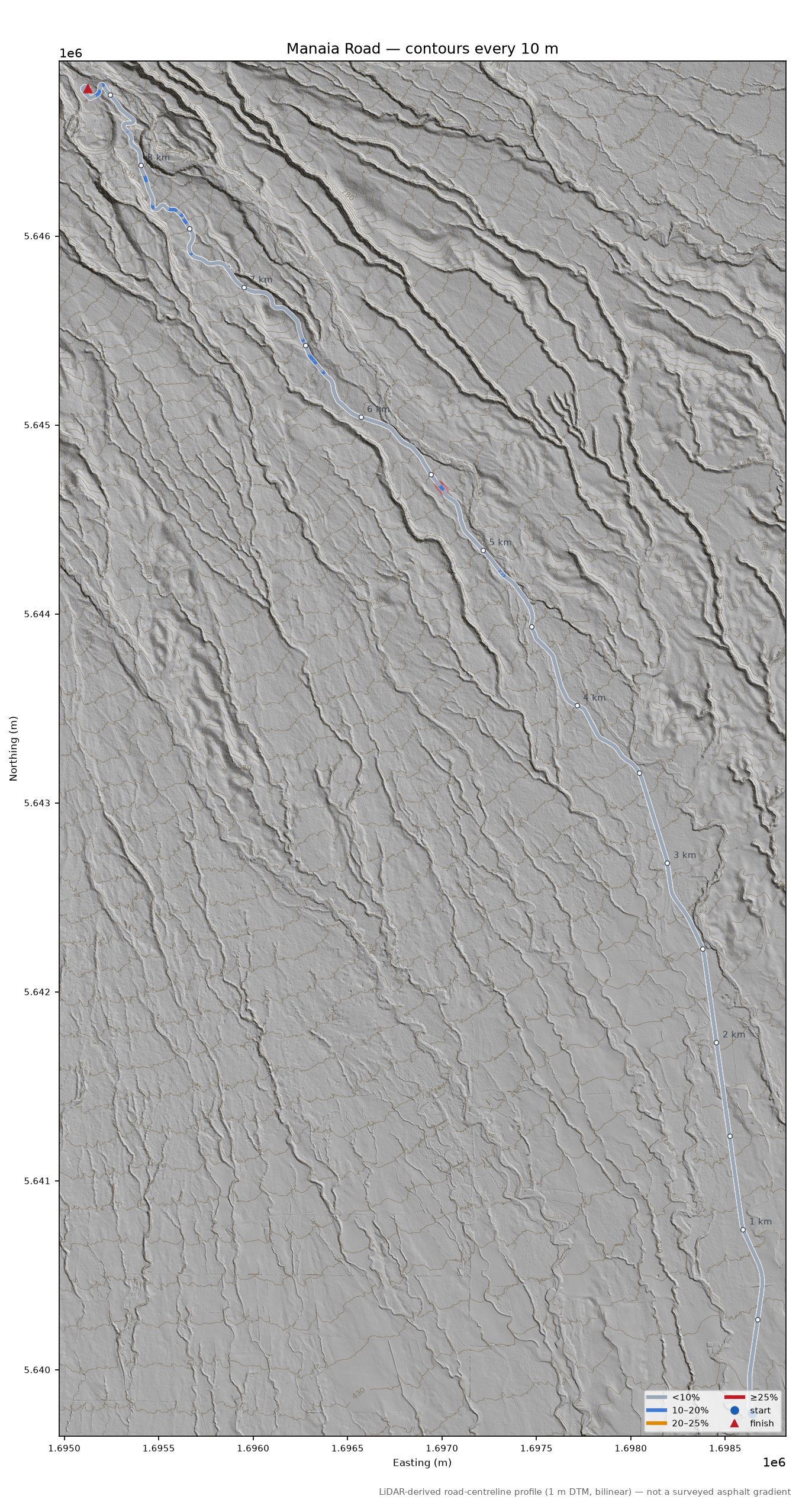 Manaia Road LiDAR hillshade map with contours