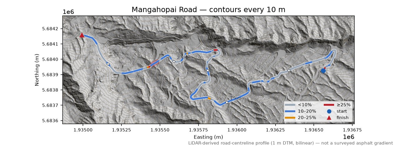 Mangahopai Road LiDAR hillshade map with contours
