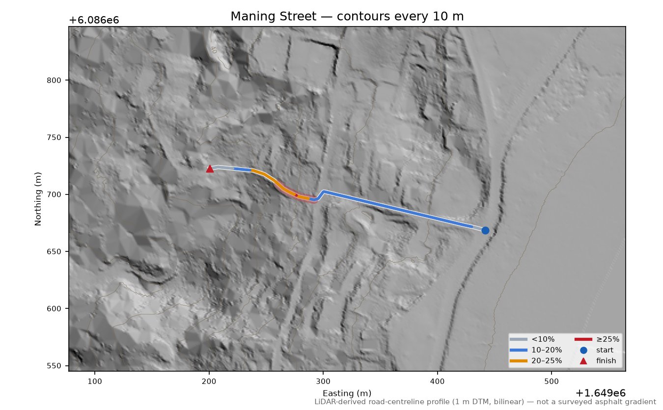 Maning Street LiDAR hillshade map with contours