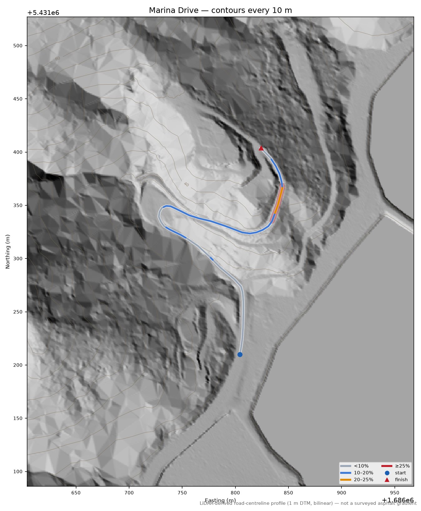 Marina Drive LiDAR hillshade map with contours