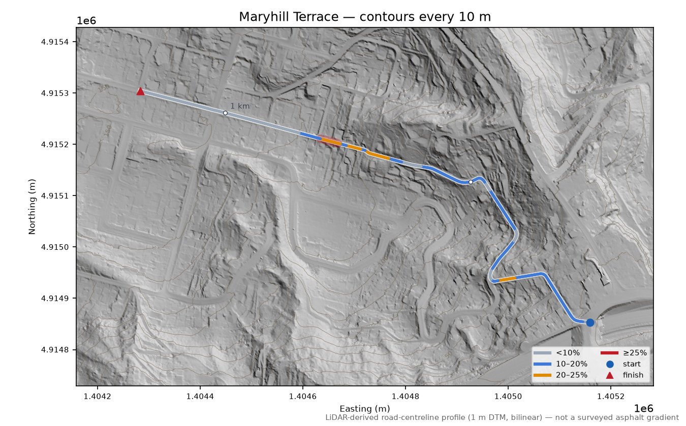 Maryhill Terrace LiDAR hillshade map with contours