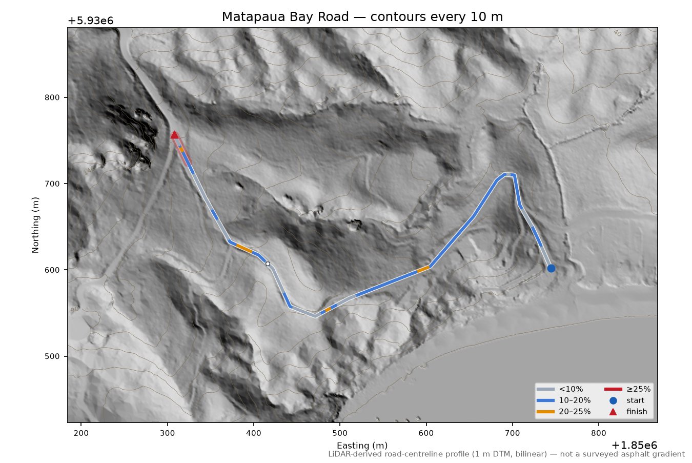 Matapaua Bay Road LiDAR hillshade map with contours