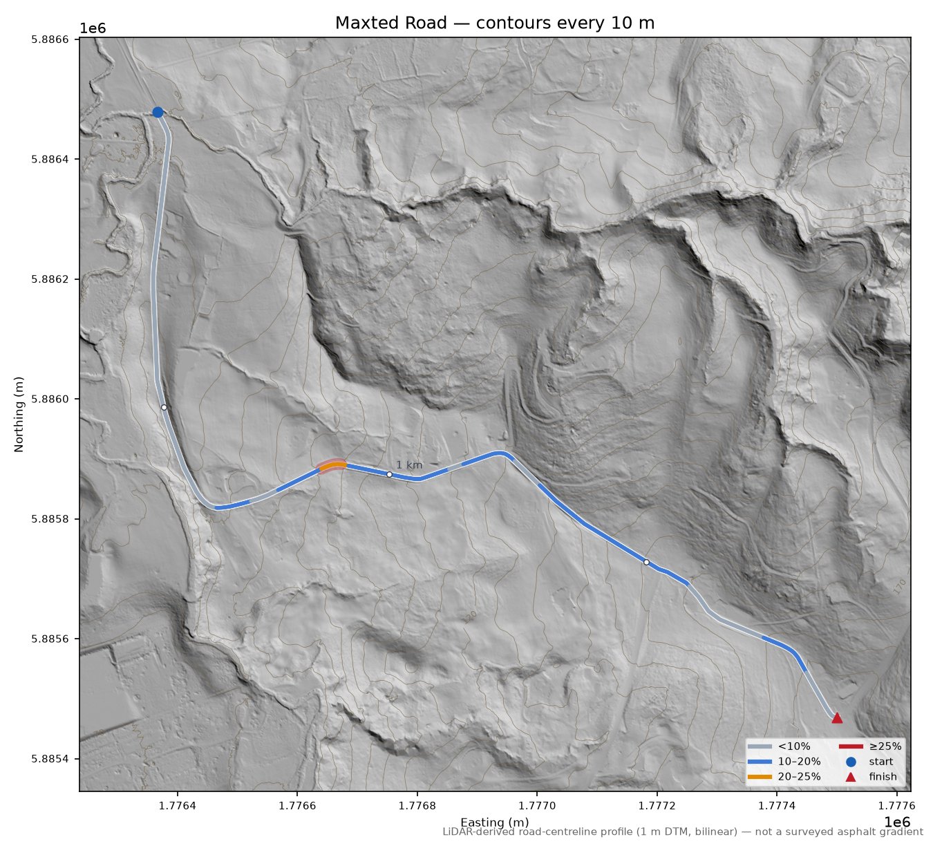Maxted Road LiDAR hillshade map with contours