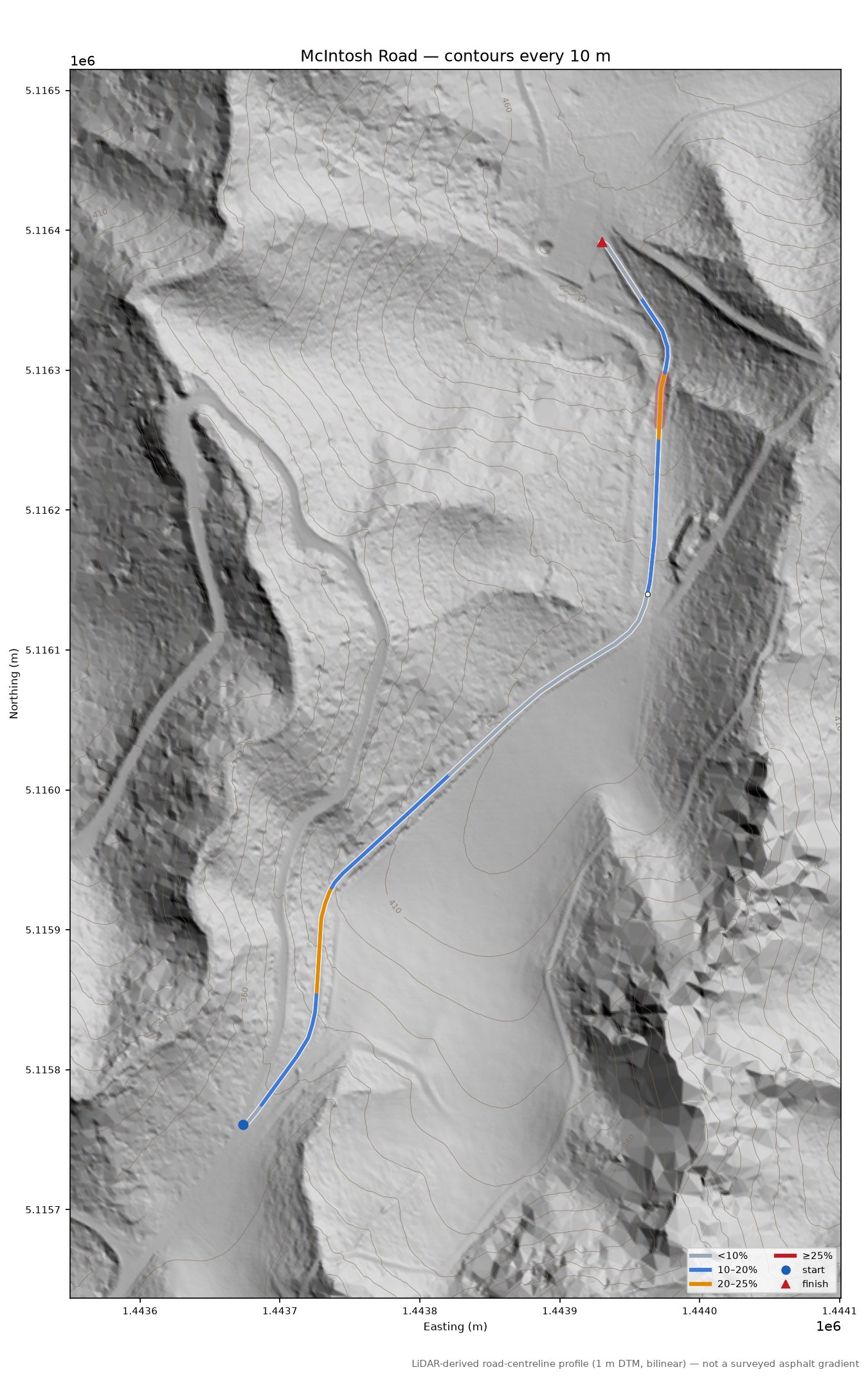 McIntosh Road LiDAR hillshade map with contours