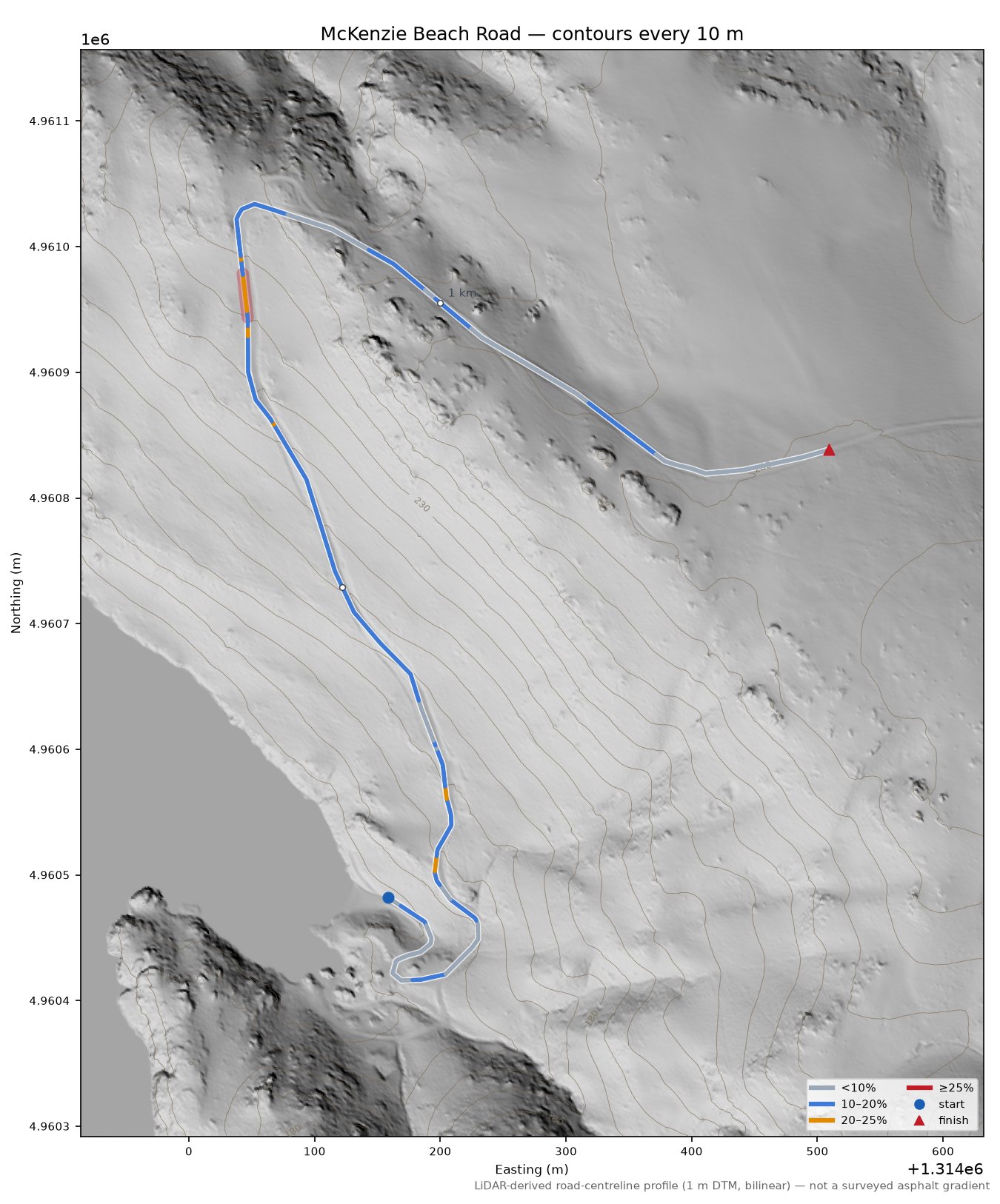 McKenzie Beach Road LiDAR hillshade map with contours