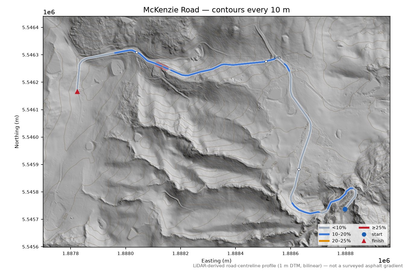 McKenzie Road LiDAR hillshade map with contours