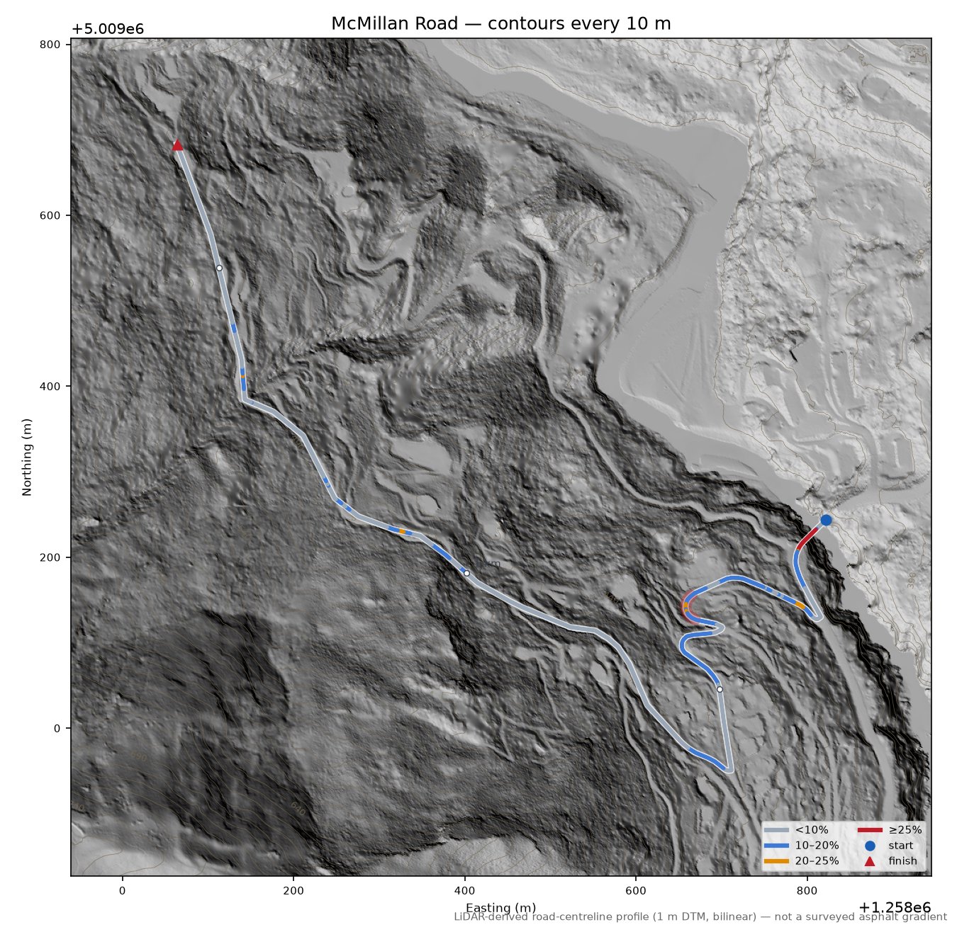 McMillan Road LiDAR hillshade map with contours