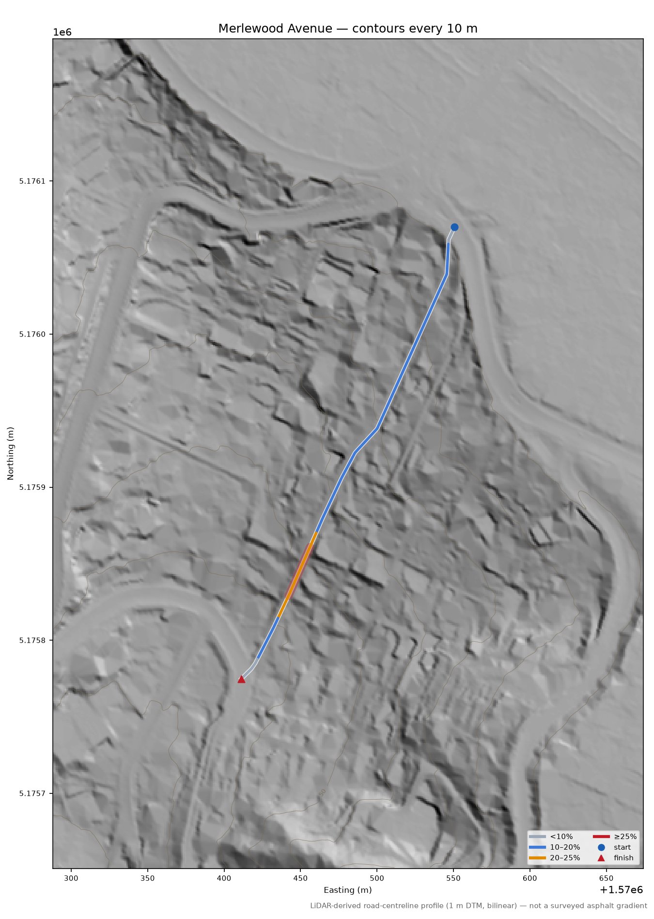 Merlewood Avenue LiDAR hillshade map with contours