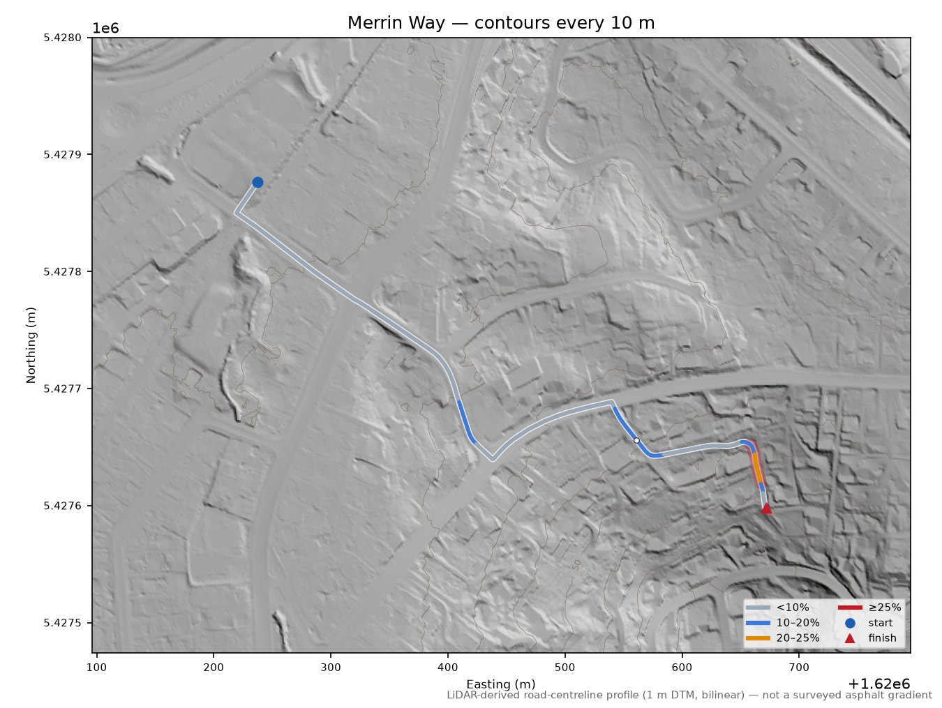 Merrin Way LiDAR hillshade map with contours