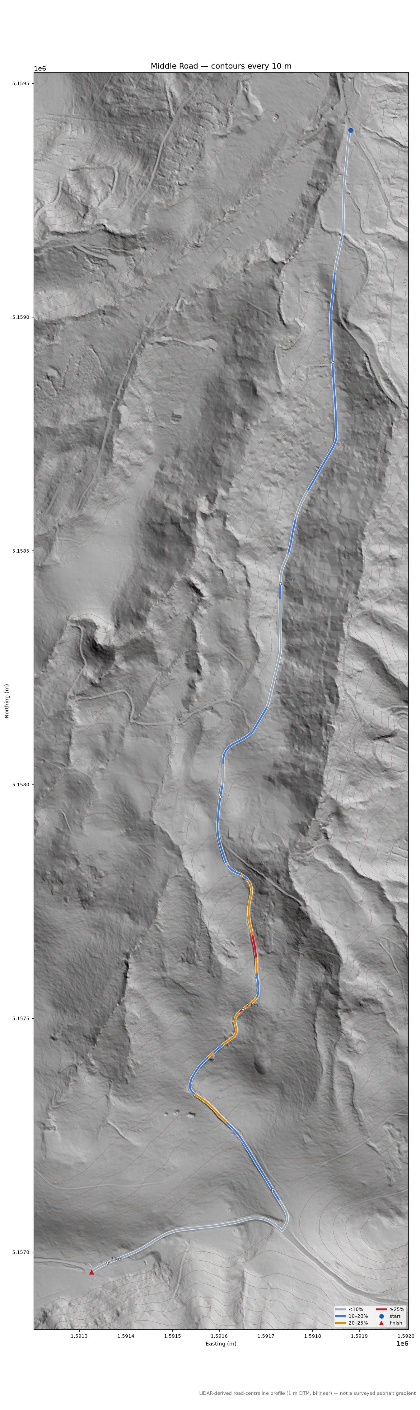 Middle Road LiDAR hillshade map with contours