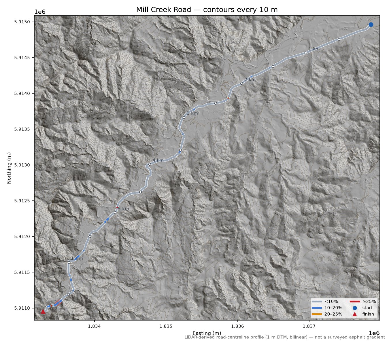 Mill Creek Road LiDAR hillshade map with contours