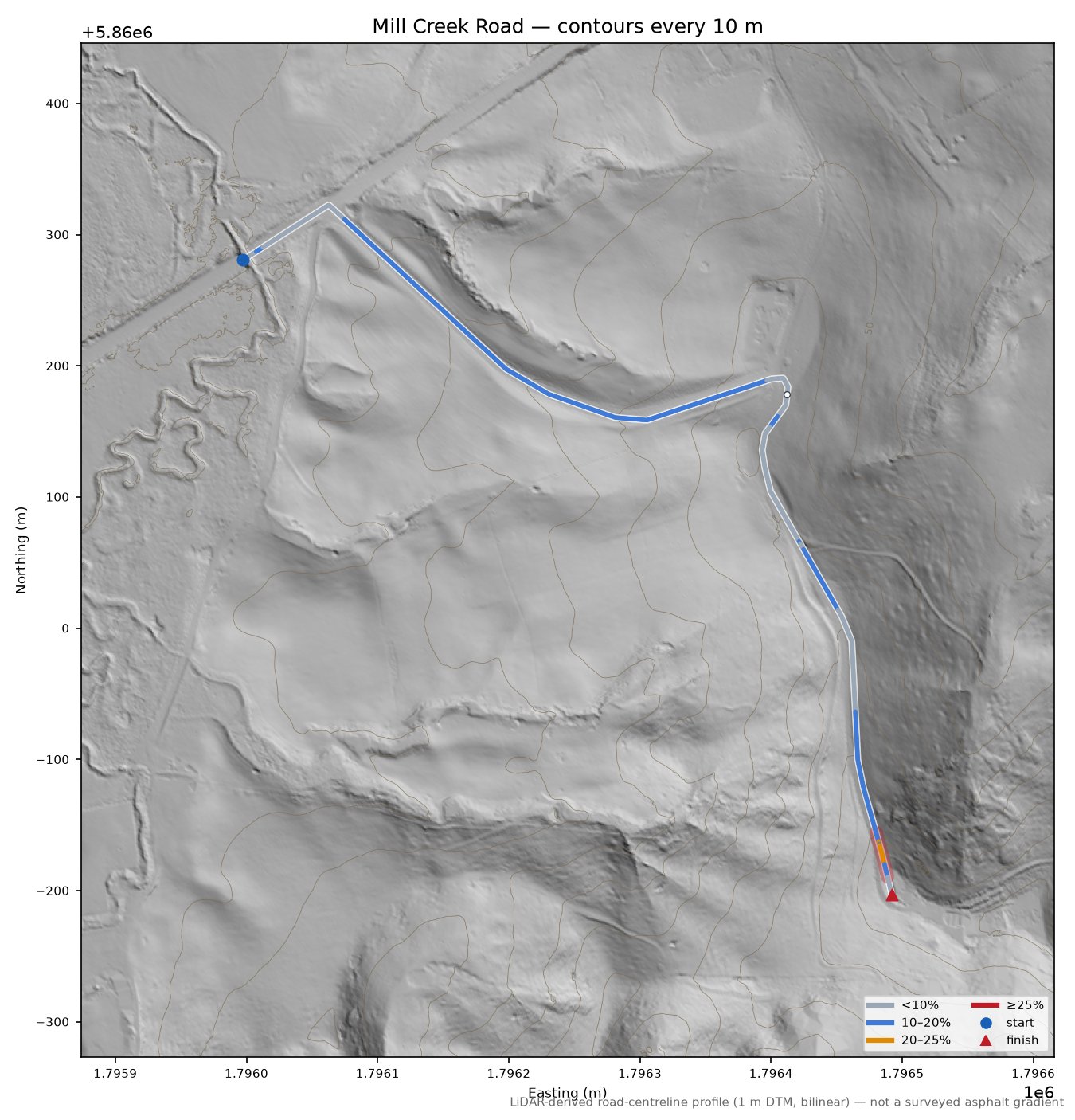 Mill Creek Road LiDAR hillshade map with contours