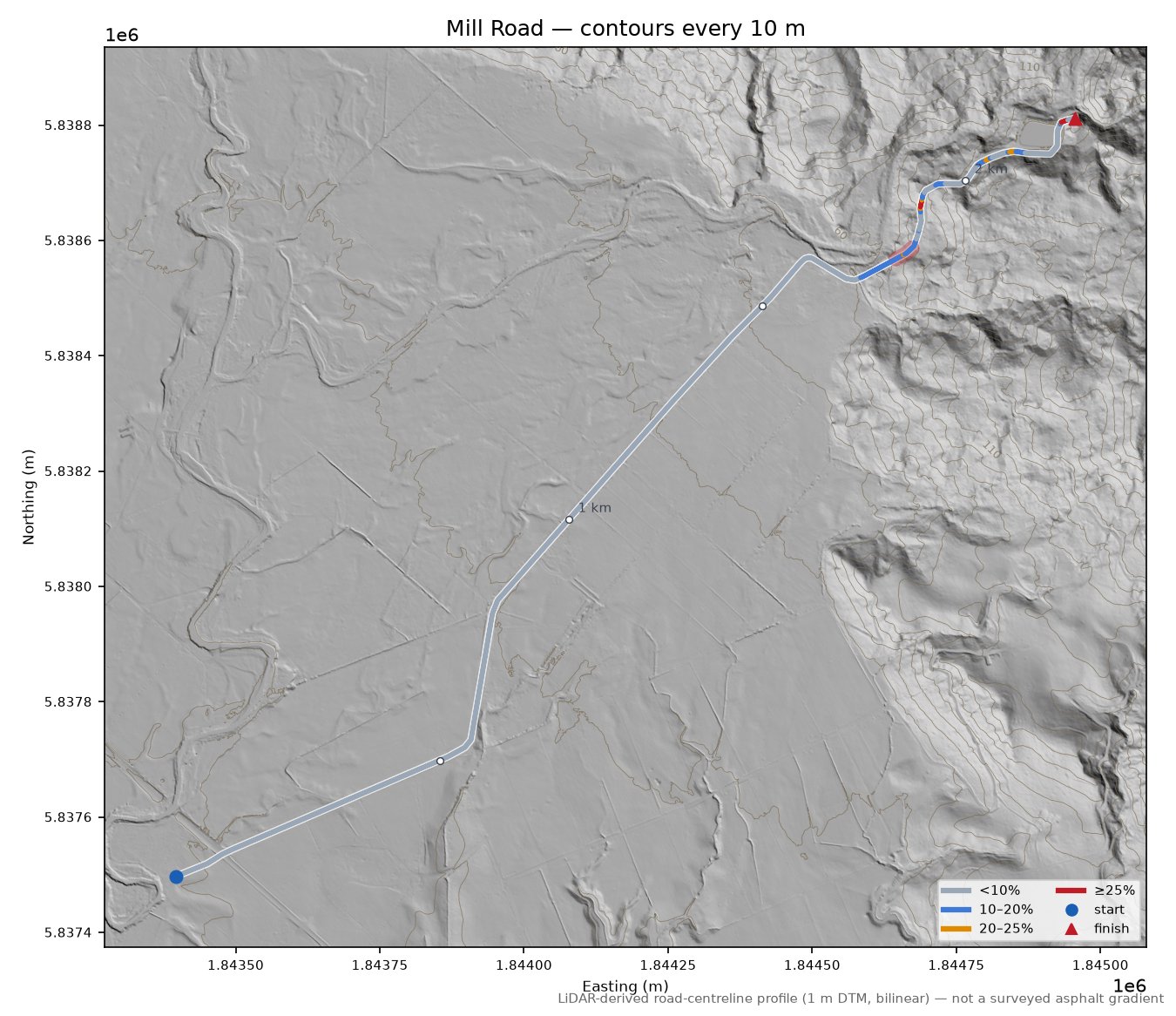 Mill Road LiDAR hillshade map with contours