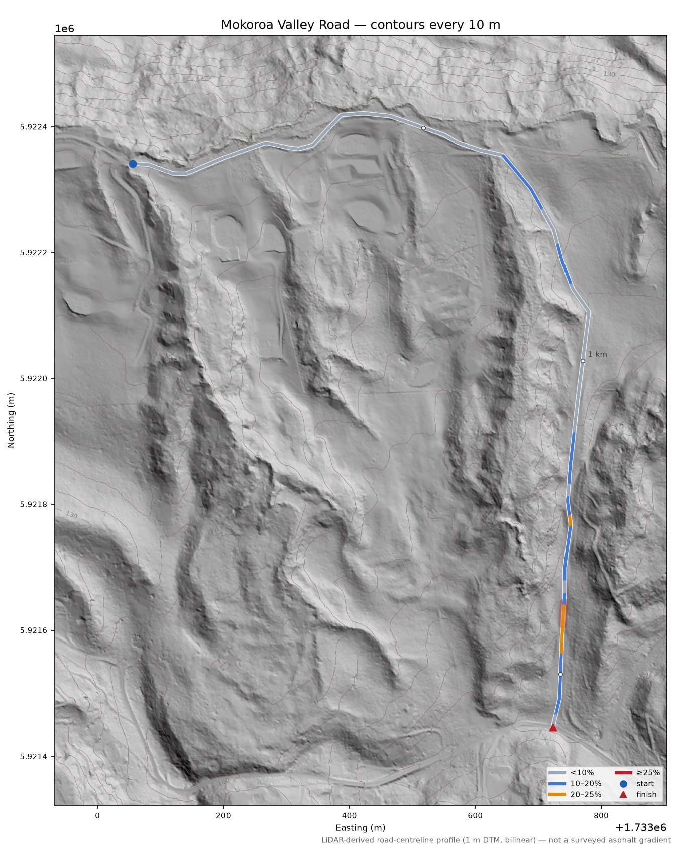 Mokoroa Valley Road LiDAR hillshade map with contours