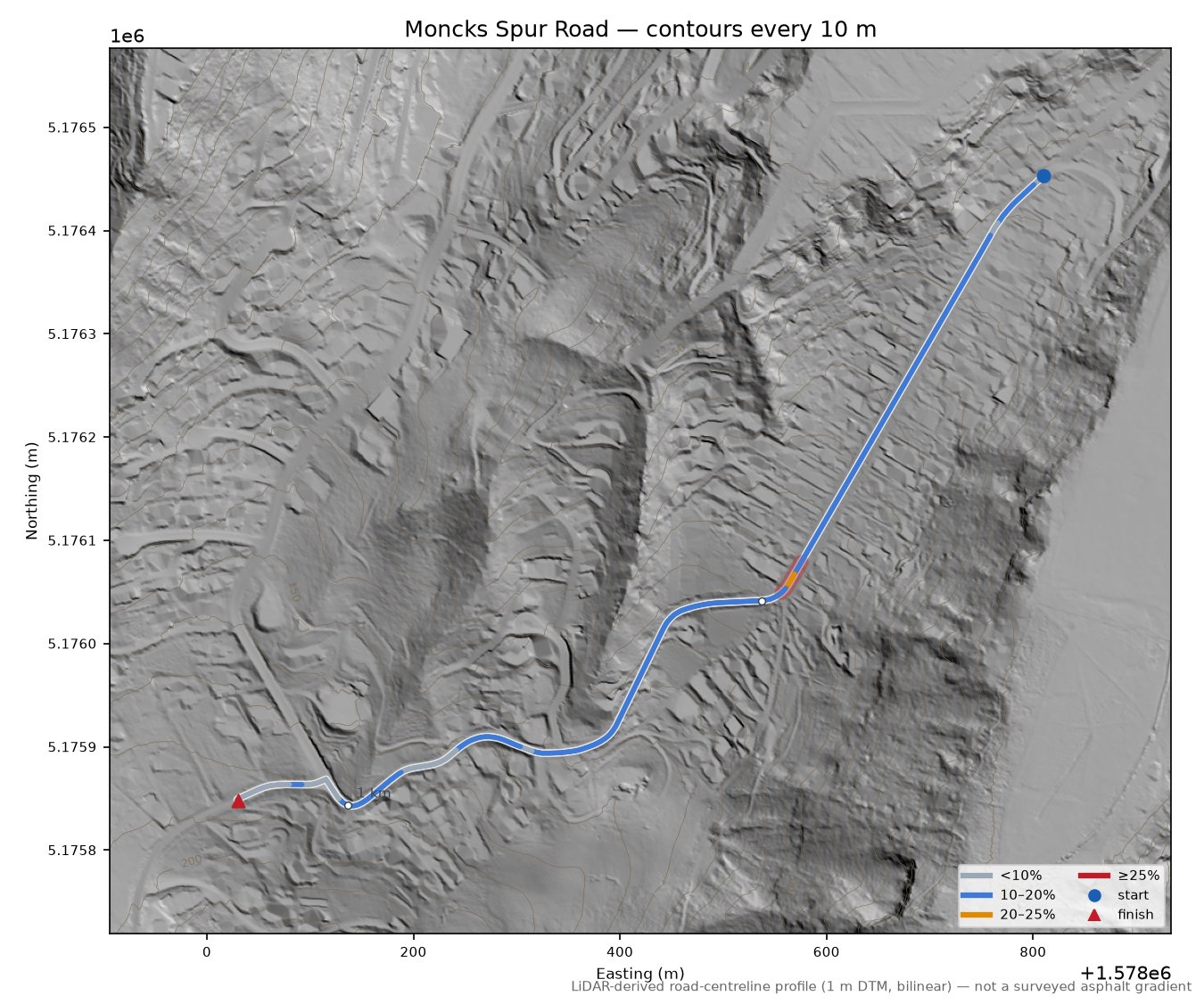Moncks Spur Road LiDAR hillshade map with contours