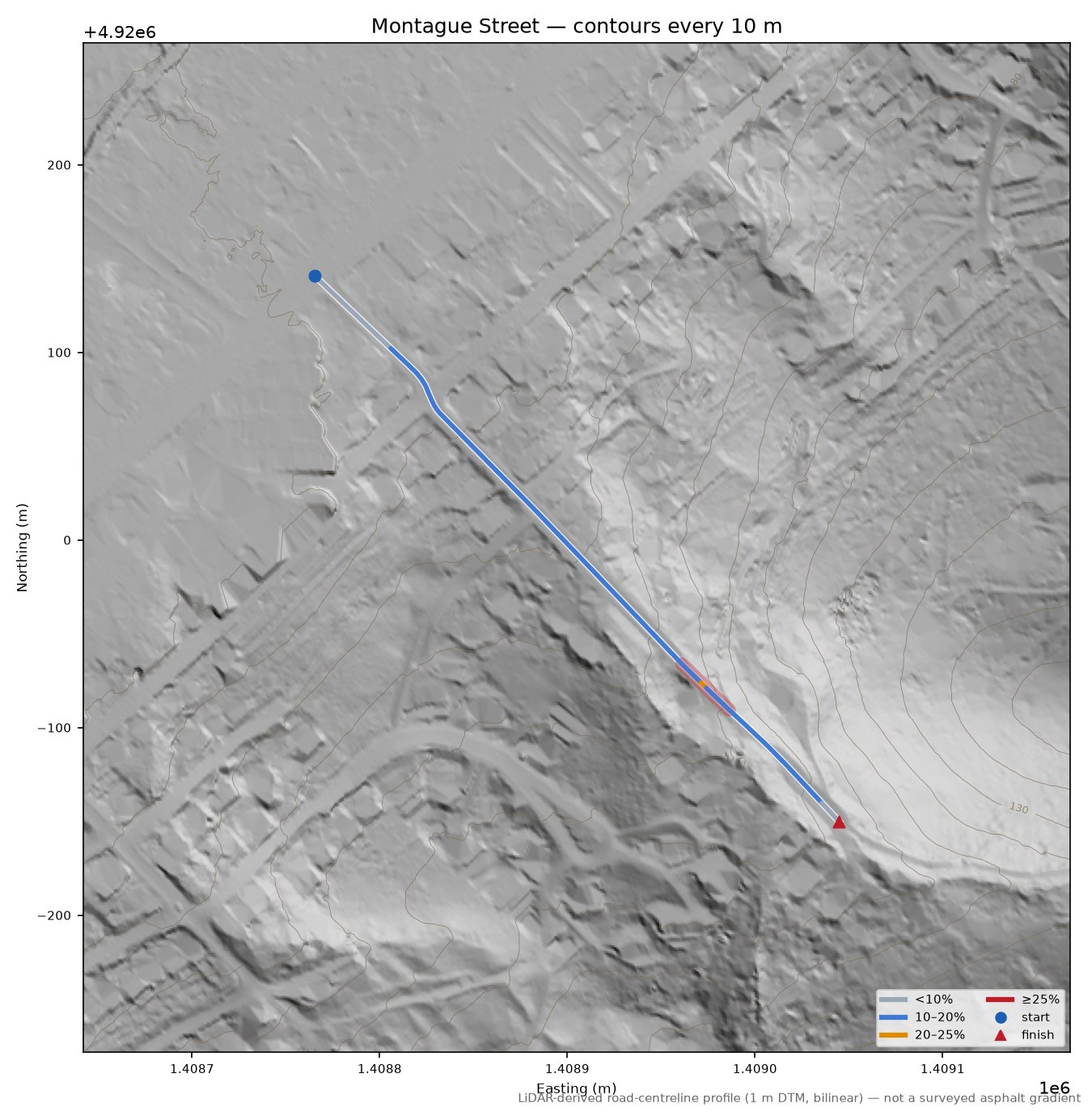 Montague Street LiDAR hillshade map with contours