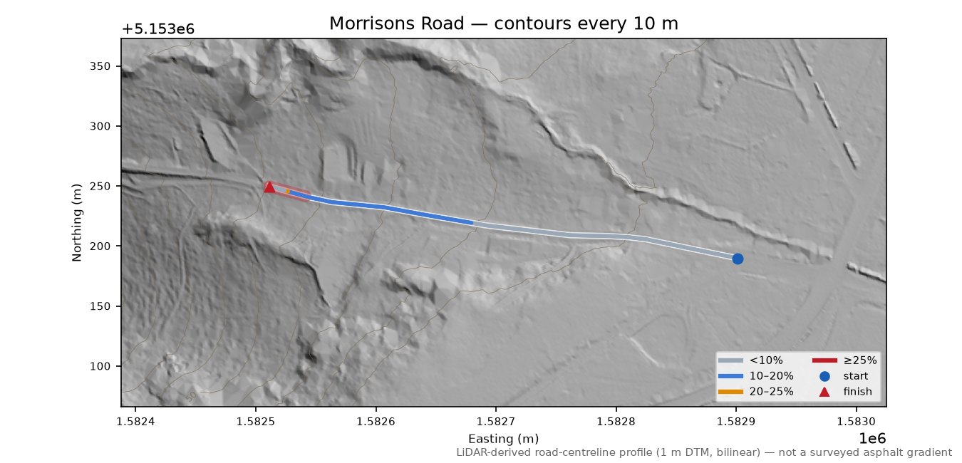 Morrisons Road LiDAR hillshade map with contours