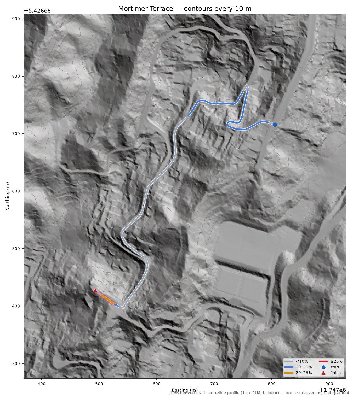 Mortimer Terrace LiDAR hillshade map with contours