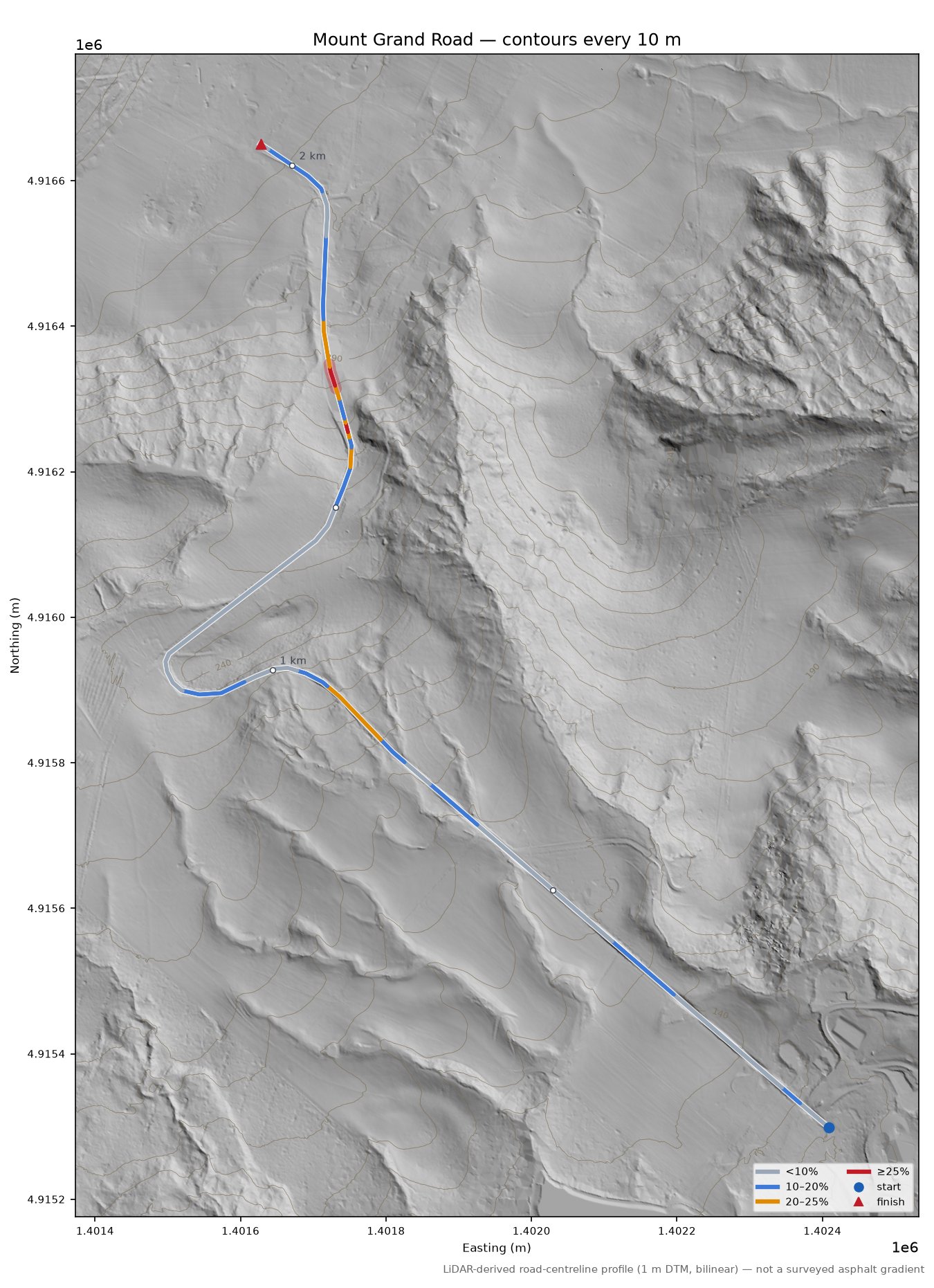 Mount Grand Road LiDAR hillshade map with contours