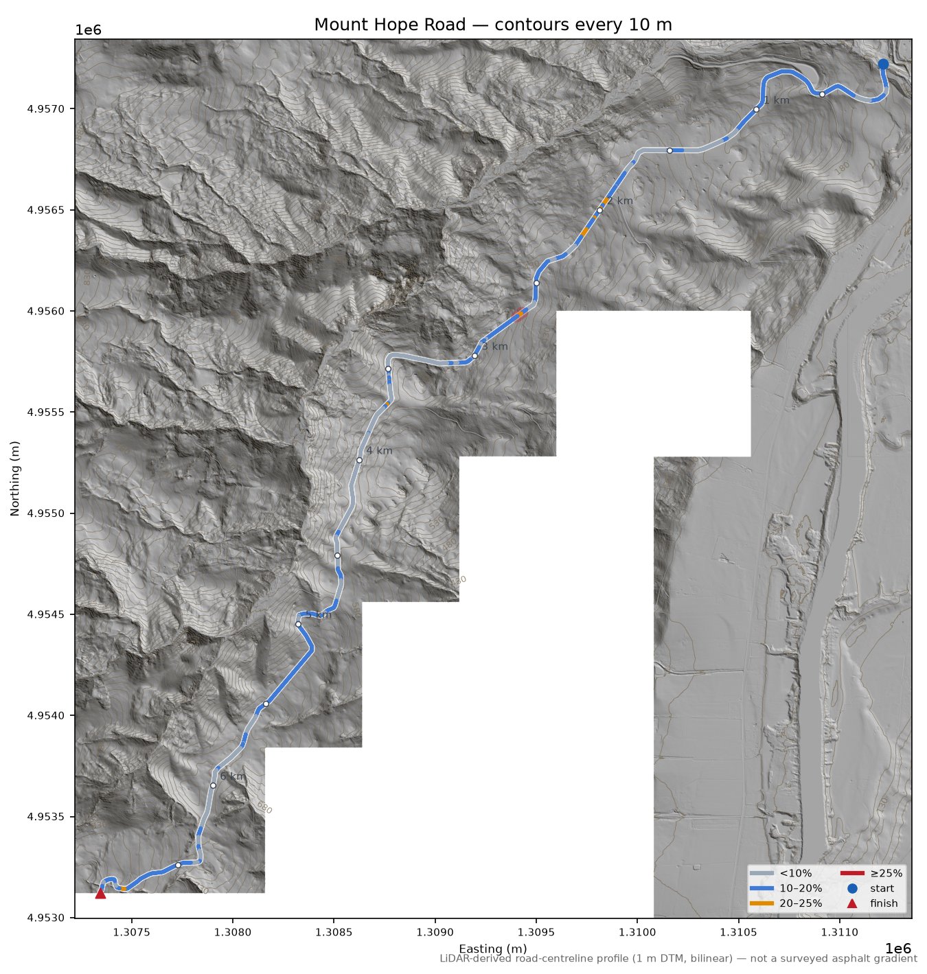 Mount Hope Road LiDAR hillshade map with contours
