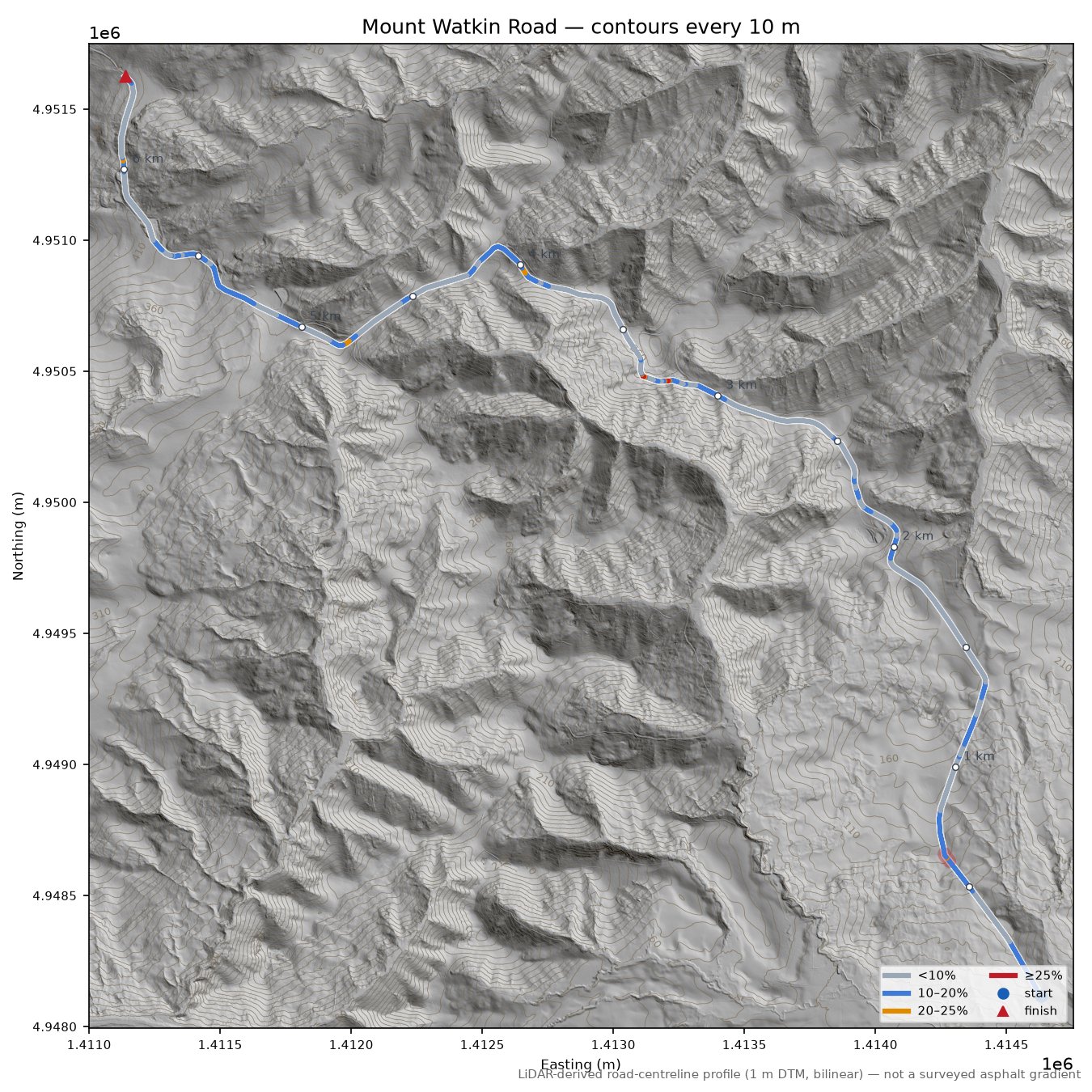 Mount Watkin Road LiDAR hillshade map with contours