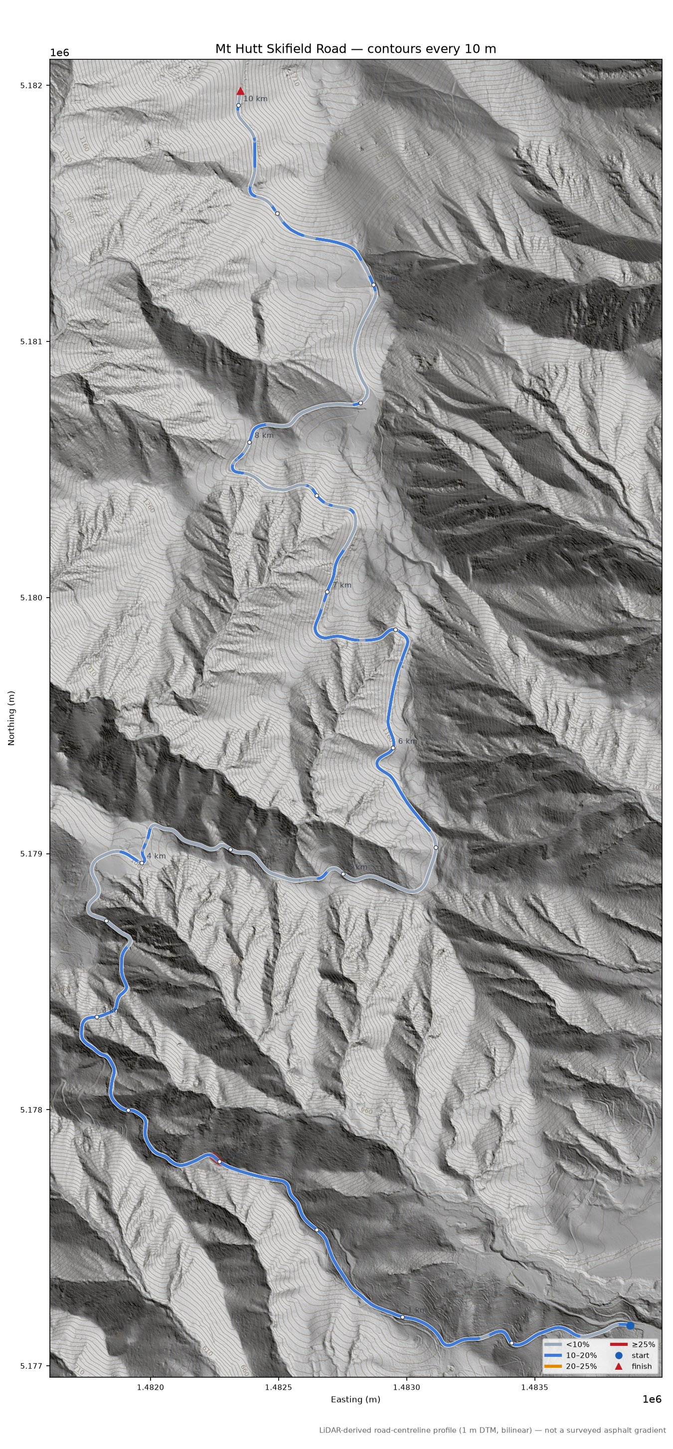 Mt Hutt Skifield Road LiDAR hillshade map with contours