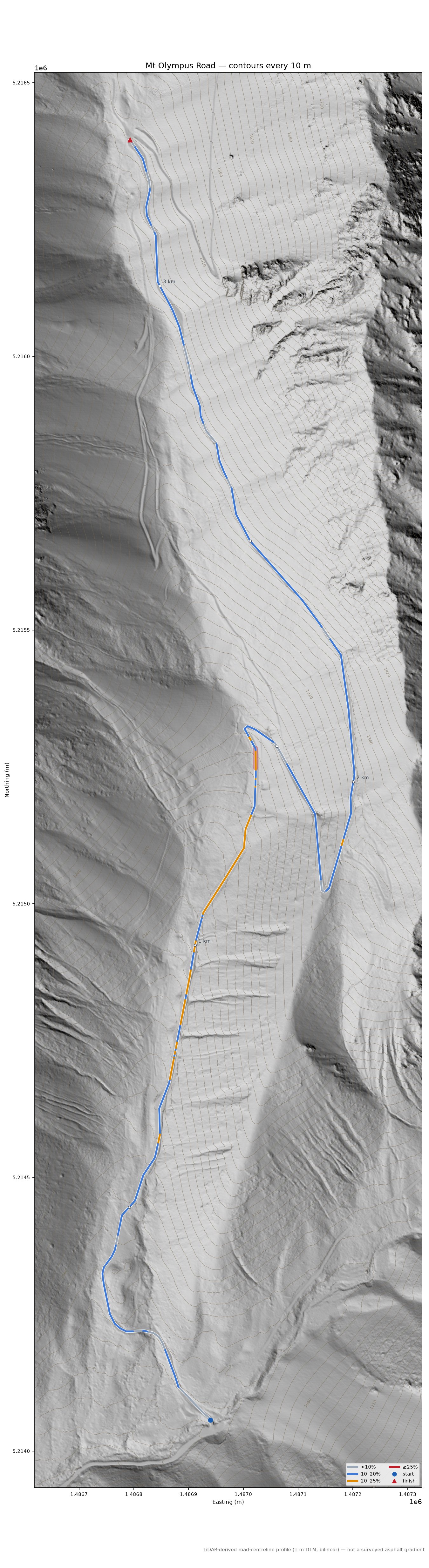 Mt Olympus Road LiDAR hillshade map with contours