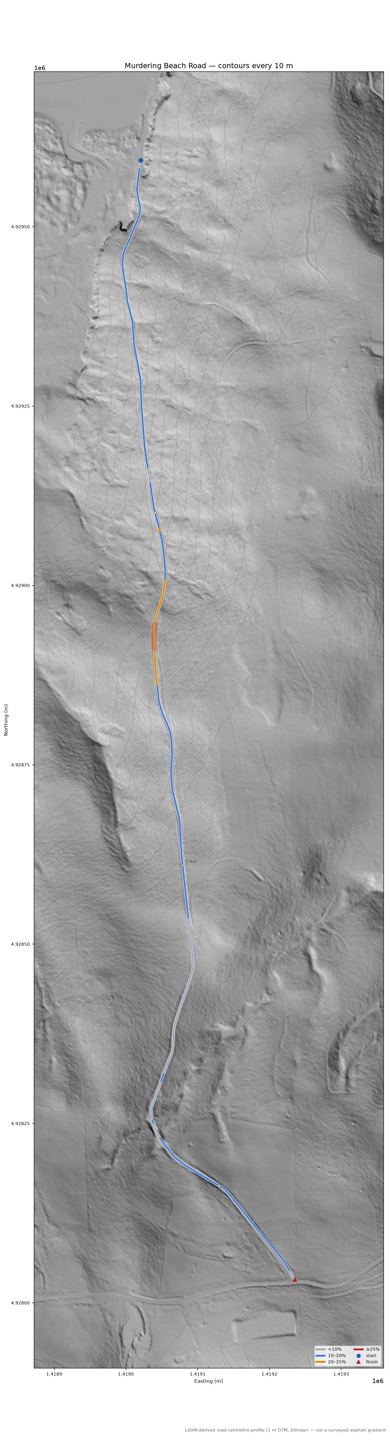 Murdering Beach Road LiDAR hillshade map with contours