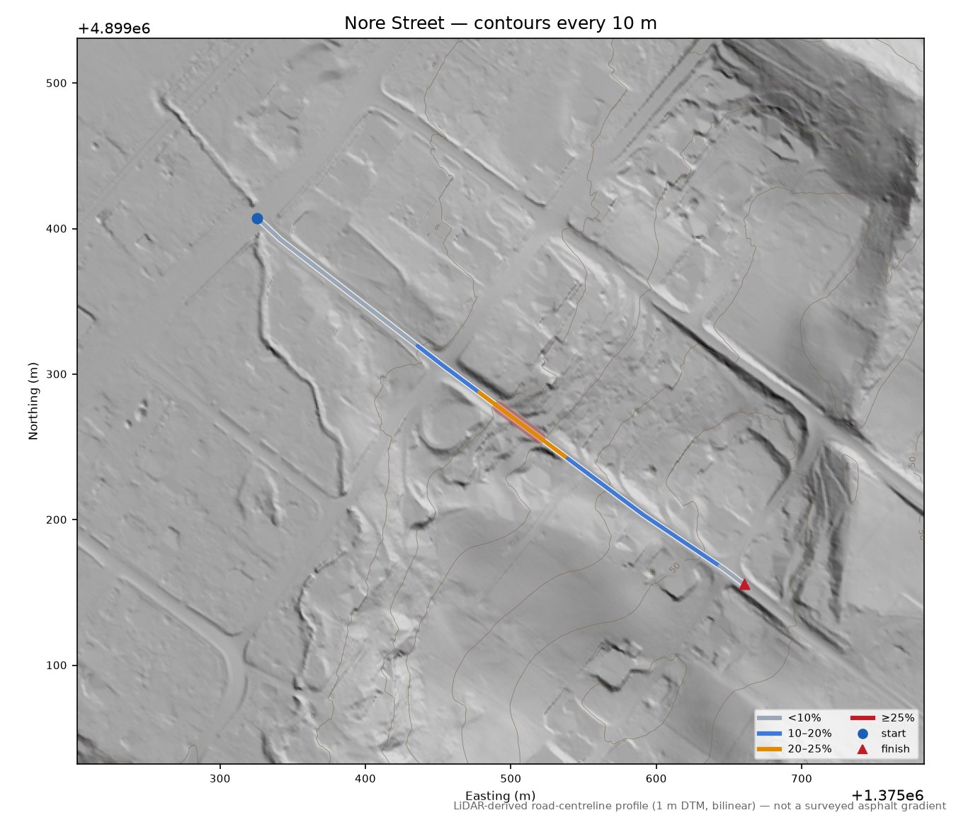 Nore Street LiDAR hillshade map with contours