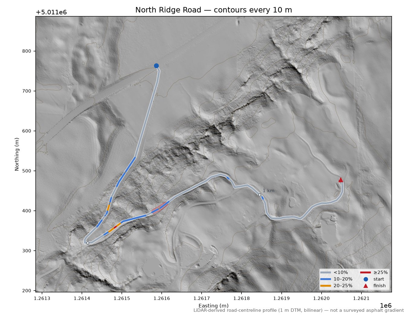 North Ridge Road LiDAR hillshade map with contours