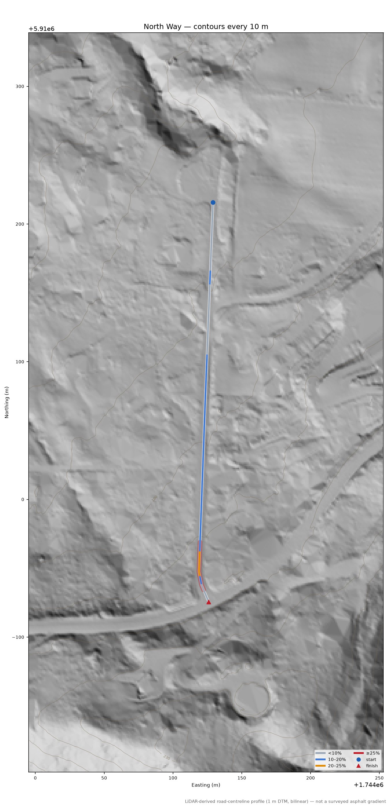 North Way LiDAR hillshade map with contours
