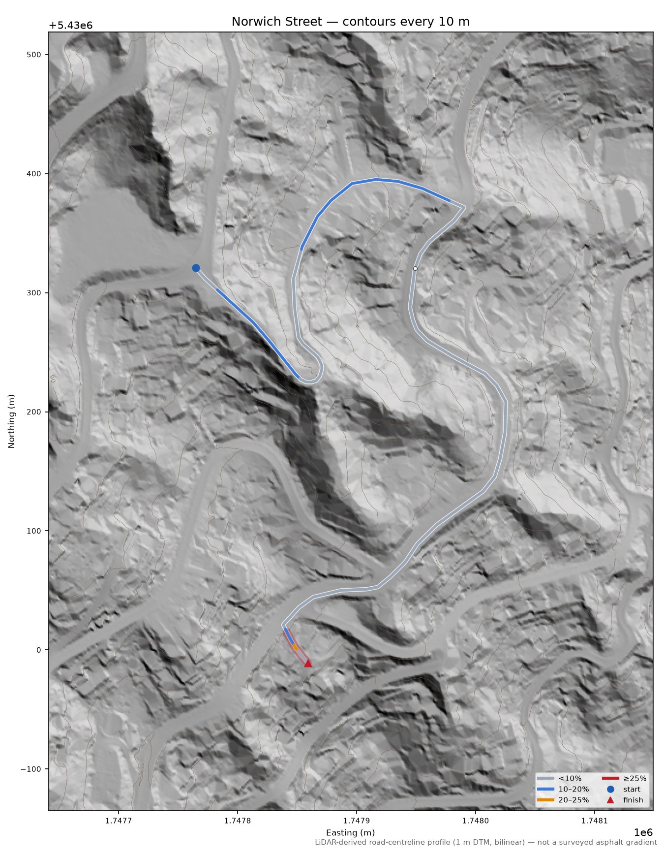 Norwich Street LiDAR hillshade map with contours