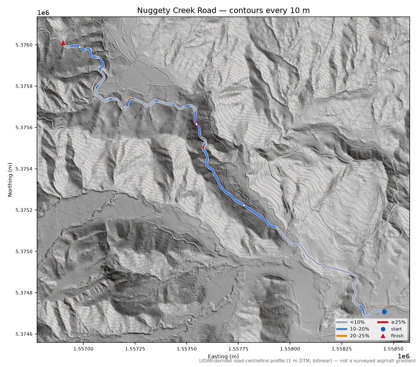 Nuggety Creek Road LiDAR hillshade map with contours