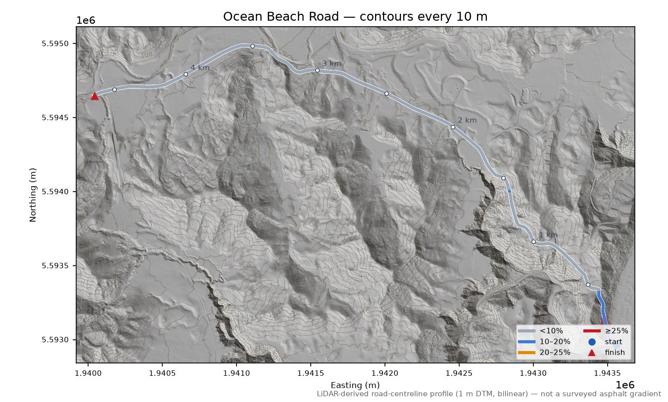 Ocean Beach Road LiDAR hillshade map with contours