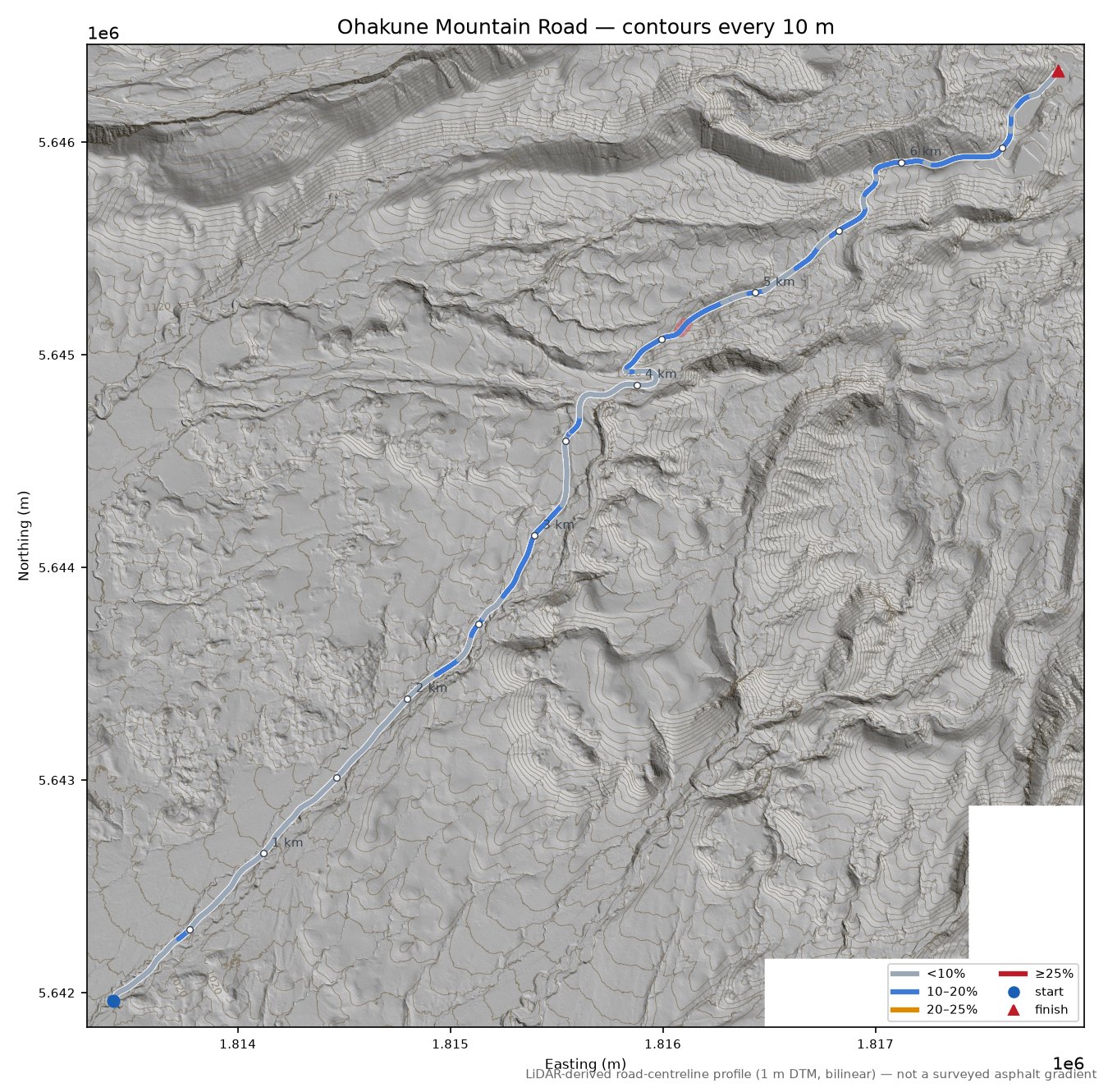 Ohakune Mountain Road LiDAR hillshade map with contours