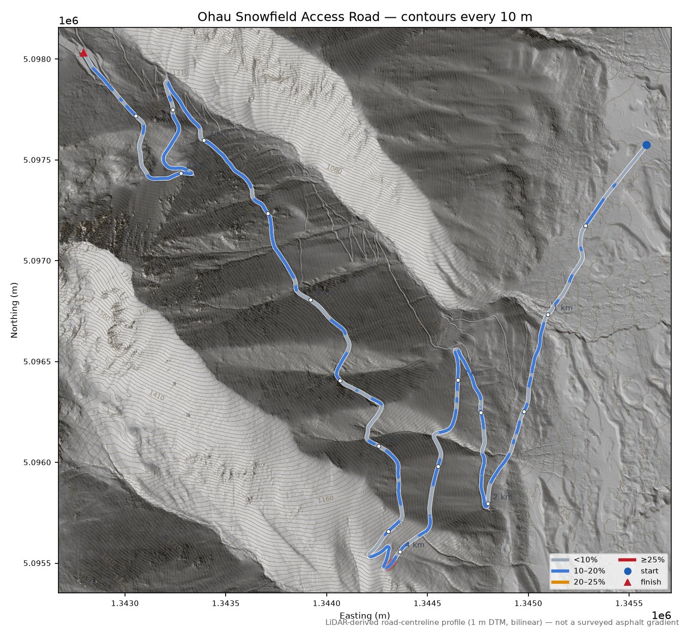 Ohau Snowfield Access Road LiDAR hillshade map with contours