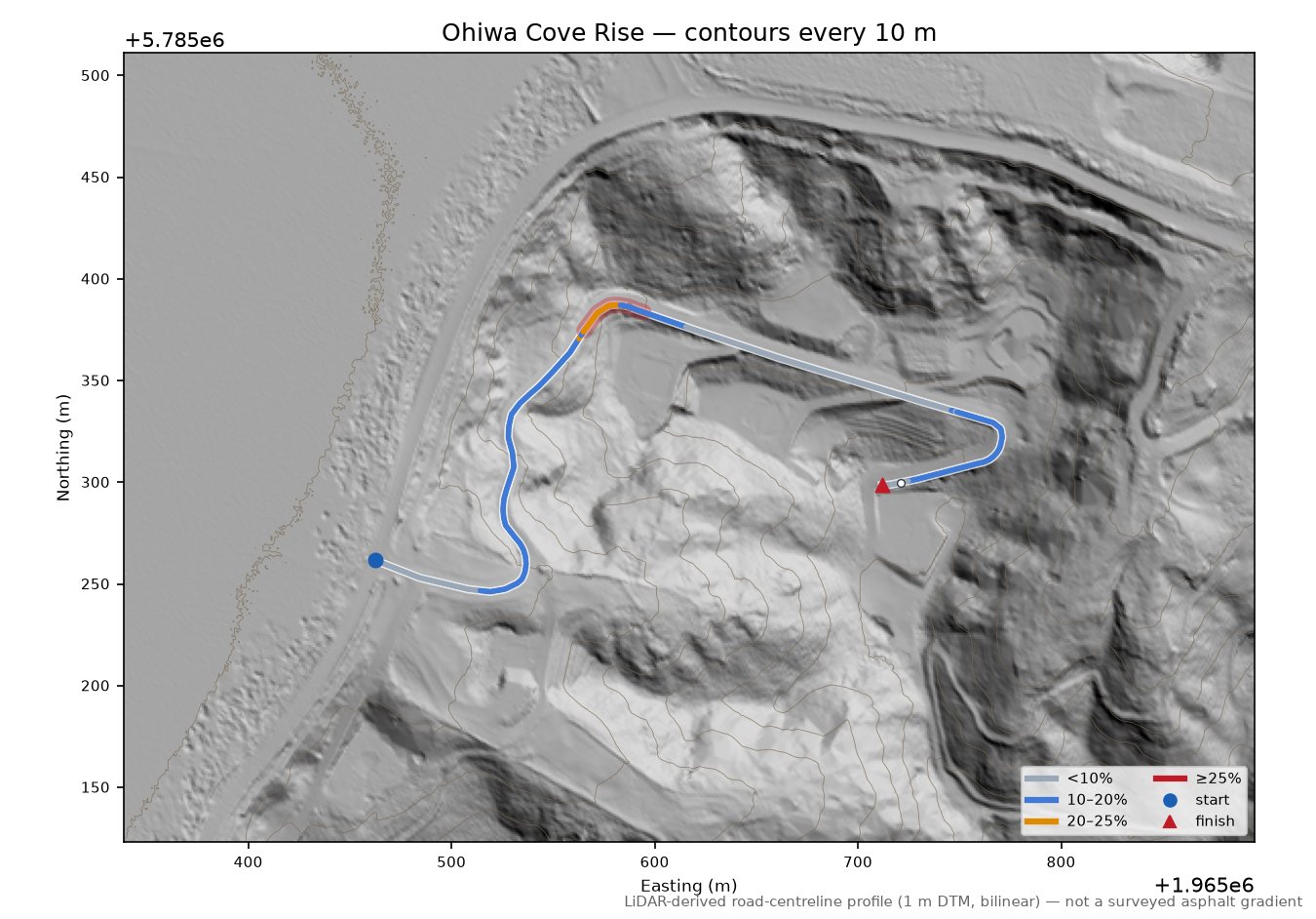 Ohiwa Cove Rise LiDAR hillshade map with contours