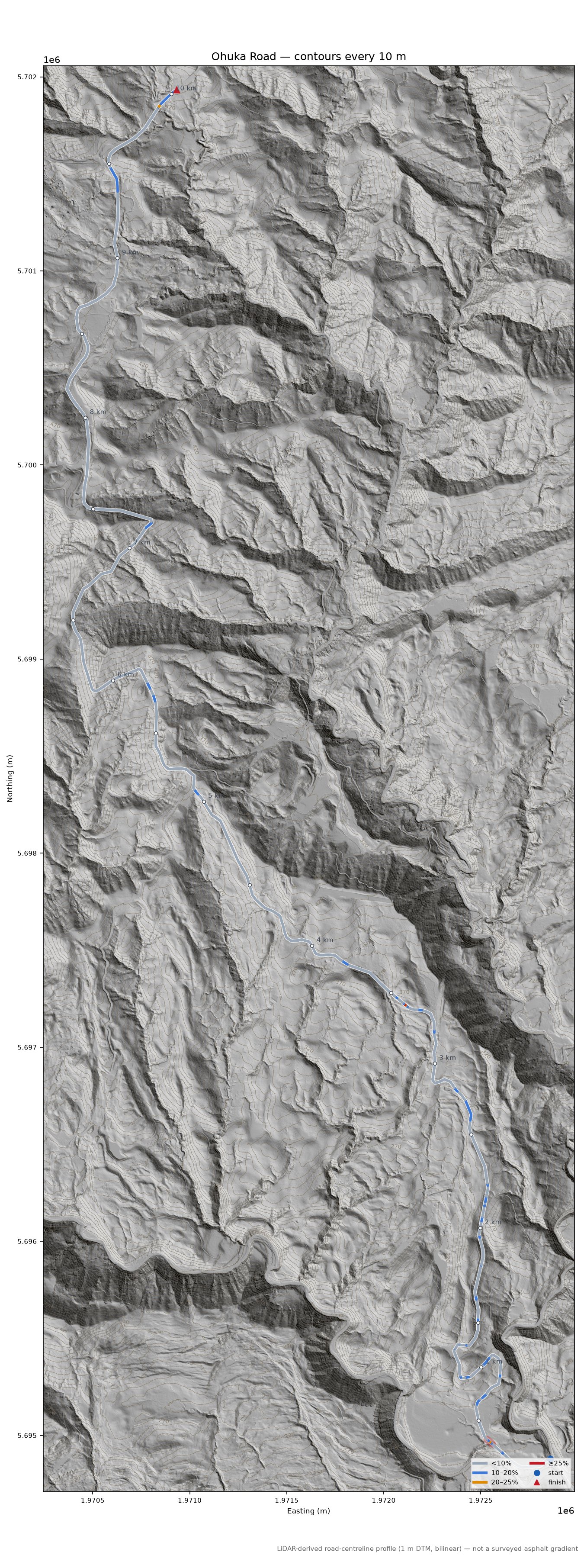 Ohuka Road LiDAR hillshade map with contours