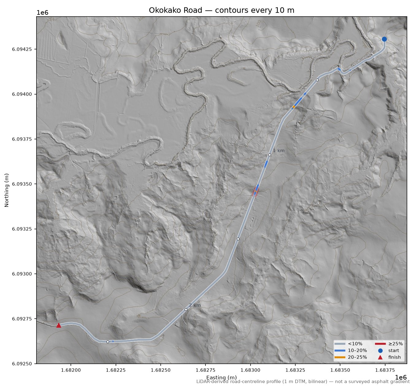 Okokako Road LiDAR hillshade map with contours