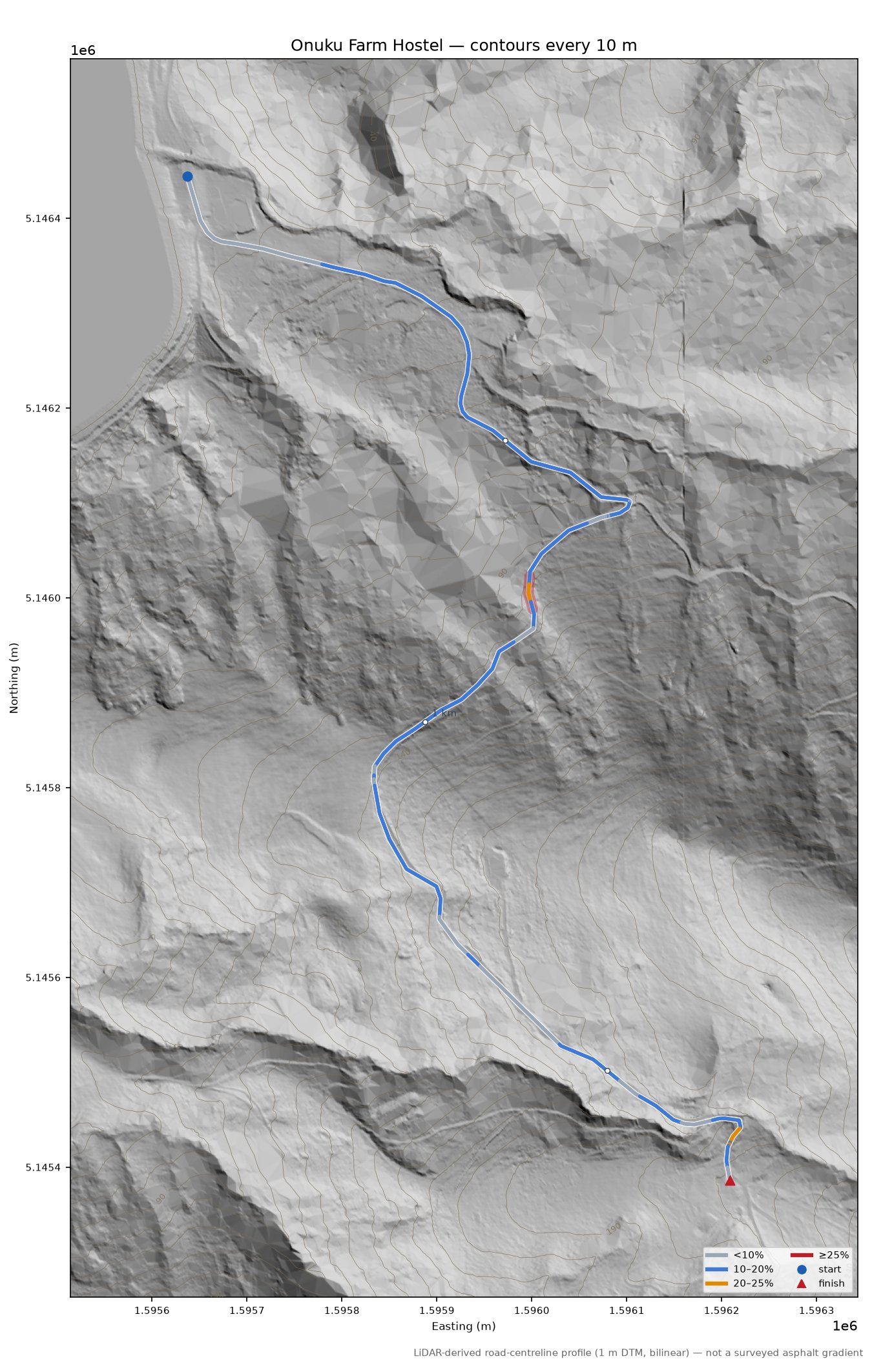 Onuku Farm Hostel LiDAR hillshade map with contours