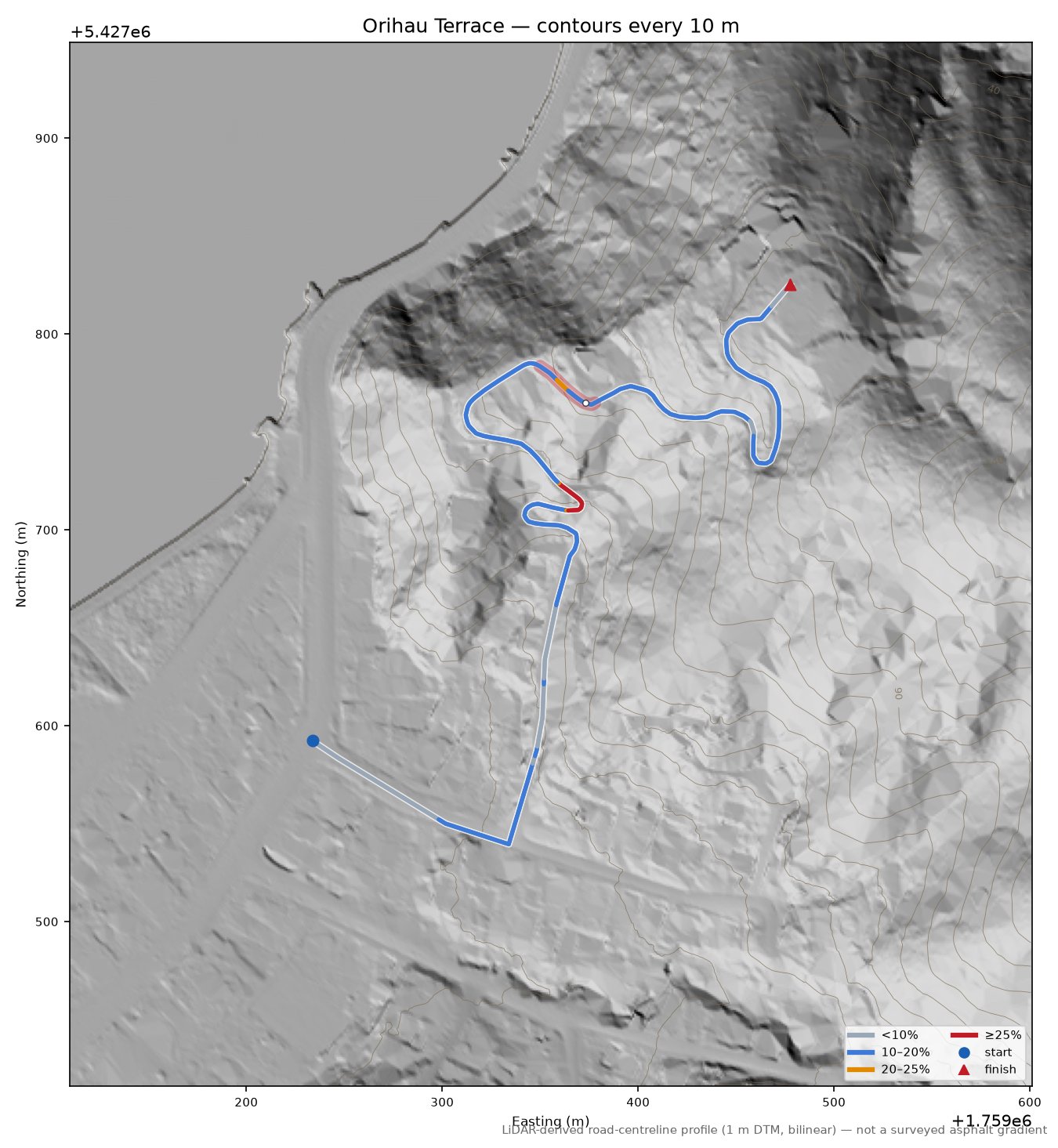 Orihau Terrace LiDAR hillshade map with contours