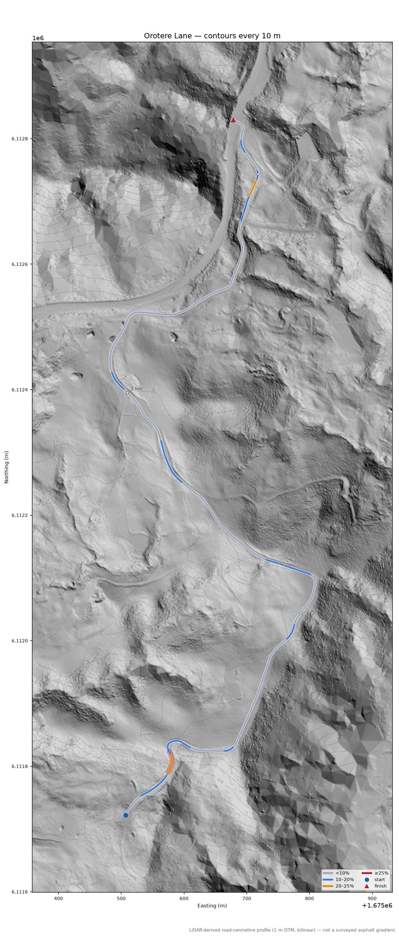 Orotere Lane LiDAR hillshade map with contours