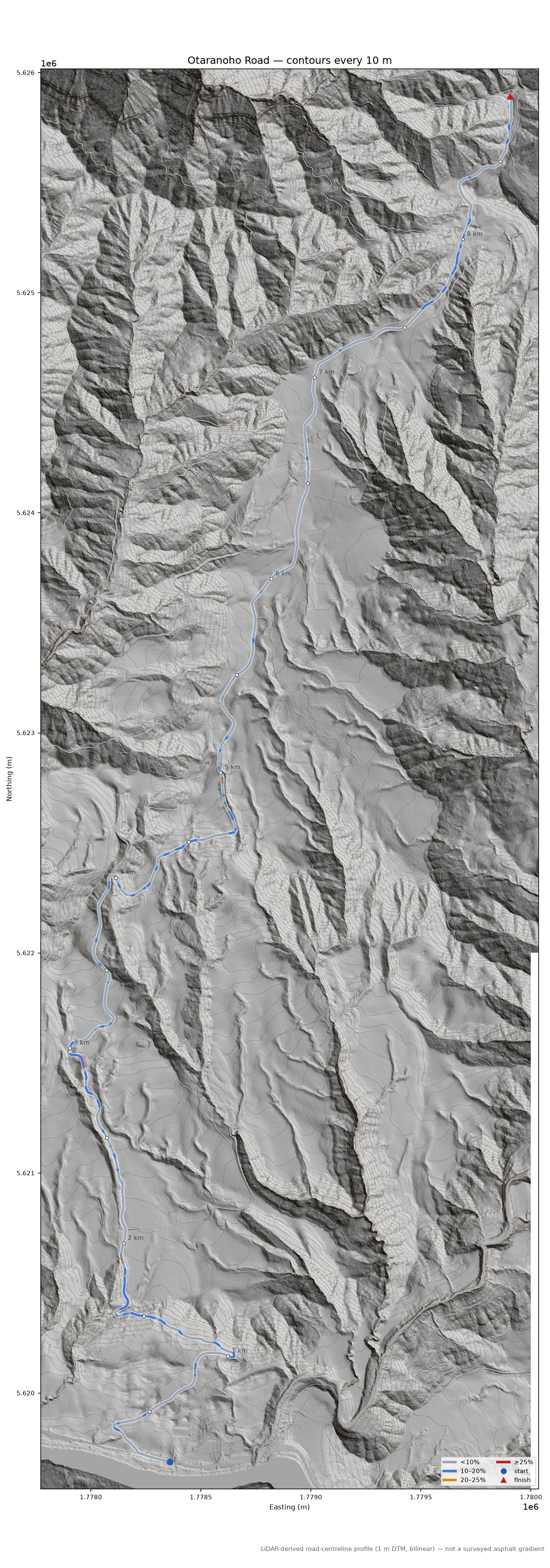Otaranoho Road LiDAR hillshade map with contours