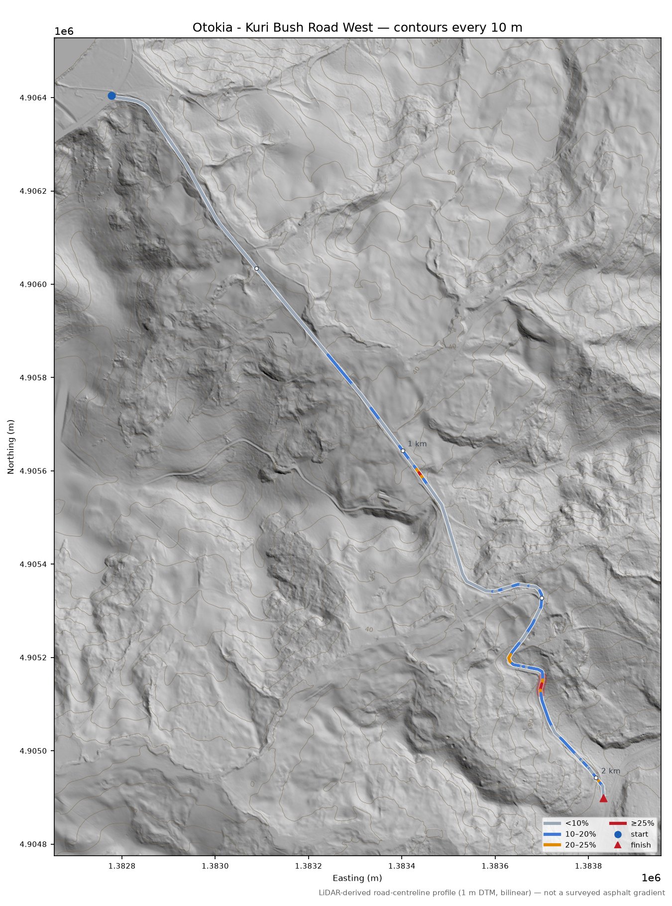 Otokia - Kuri Bush Road West LiDAR hillshade map with contours