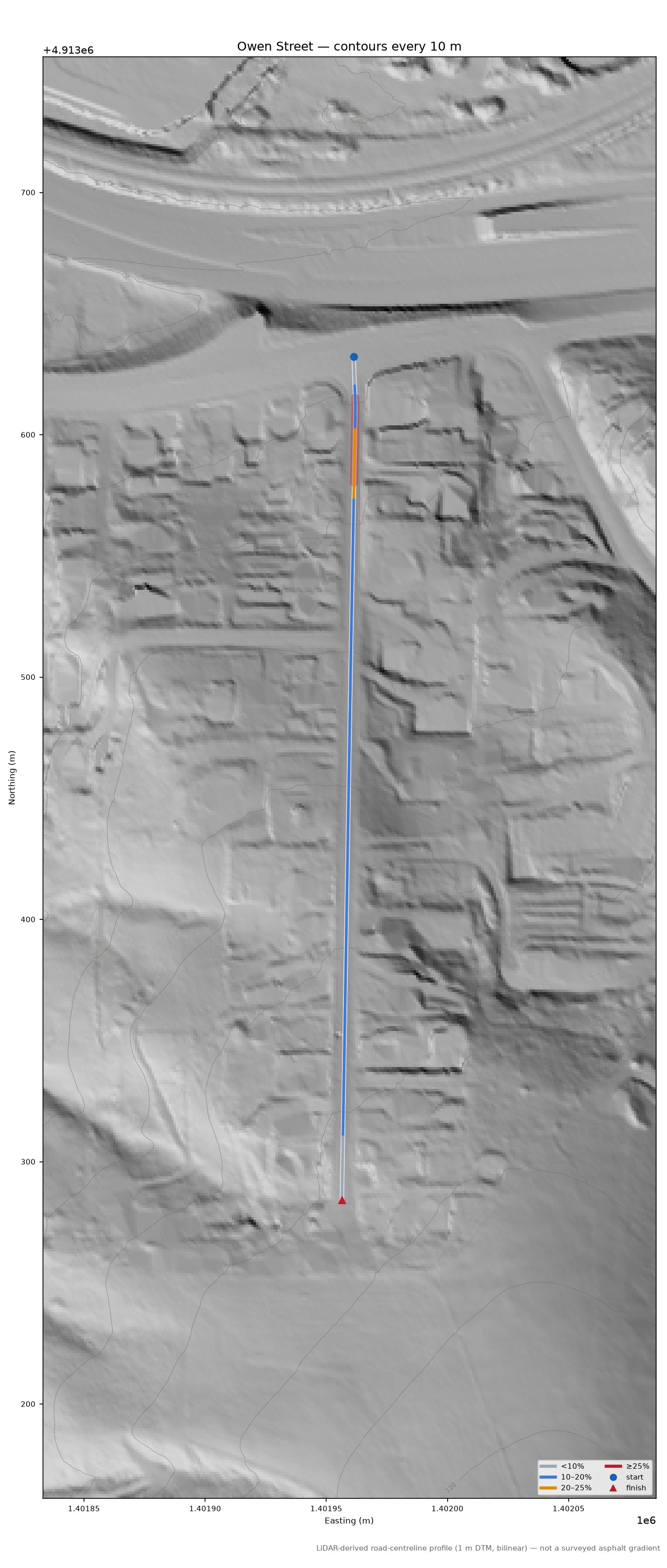 Owen Street LiDAR hillshade map with contours