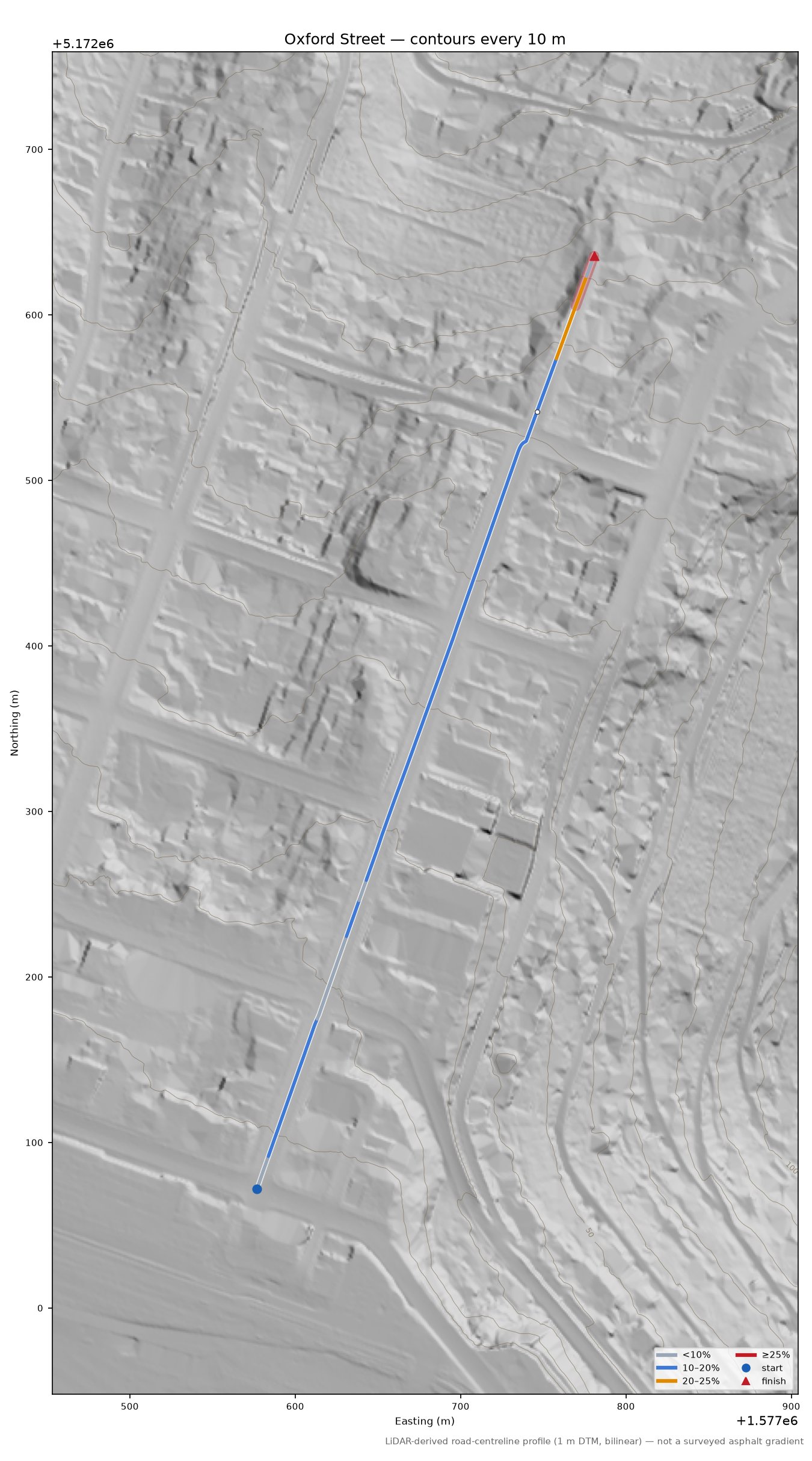 Oxford Street LiDAR hillshade map with contours