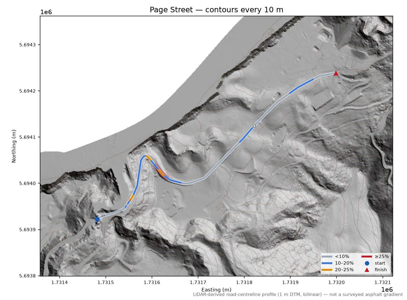 Page Street LiDAR hillshade map with contours