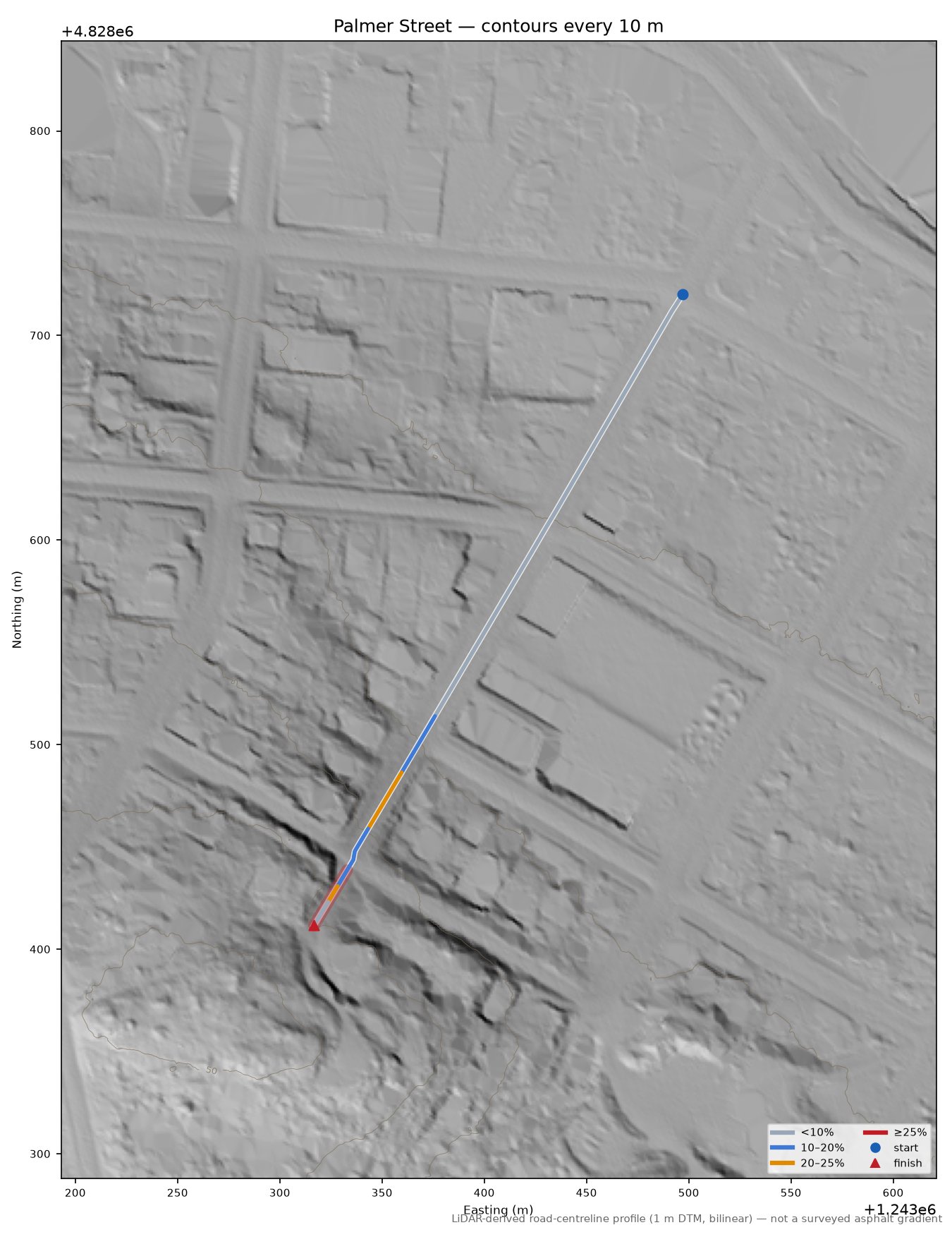 Palmer Street LiDAR hillshade map with contours