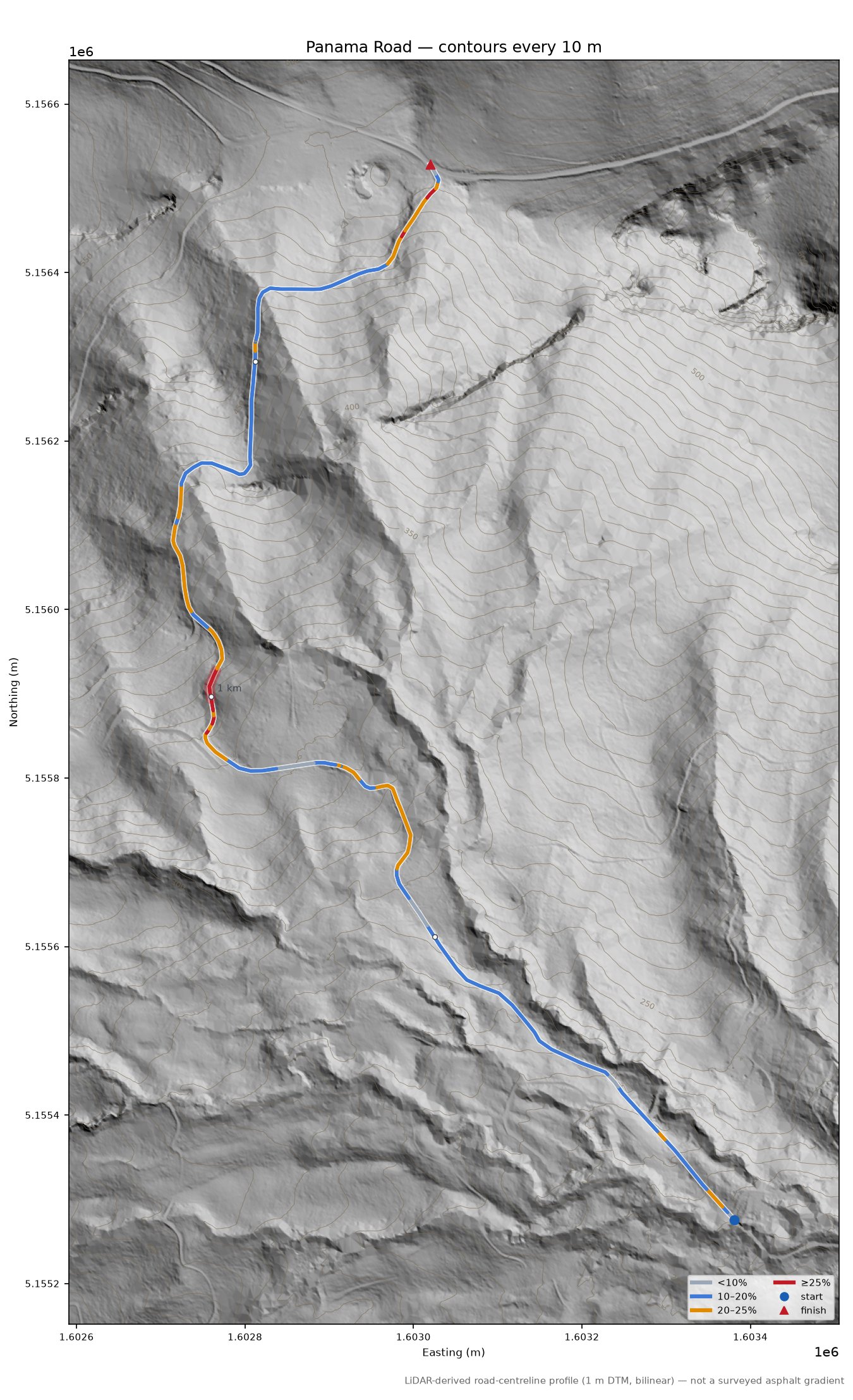Panama Road LiDAR hillshade map with contours